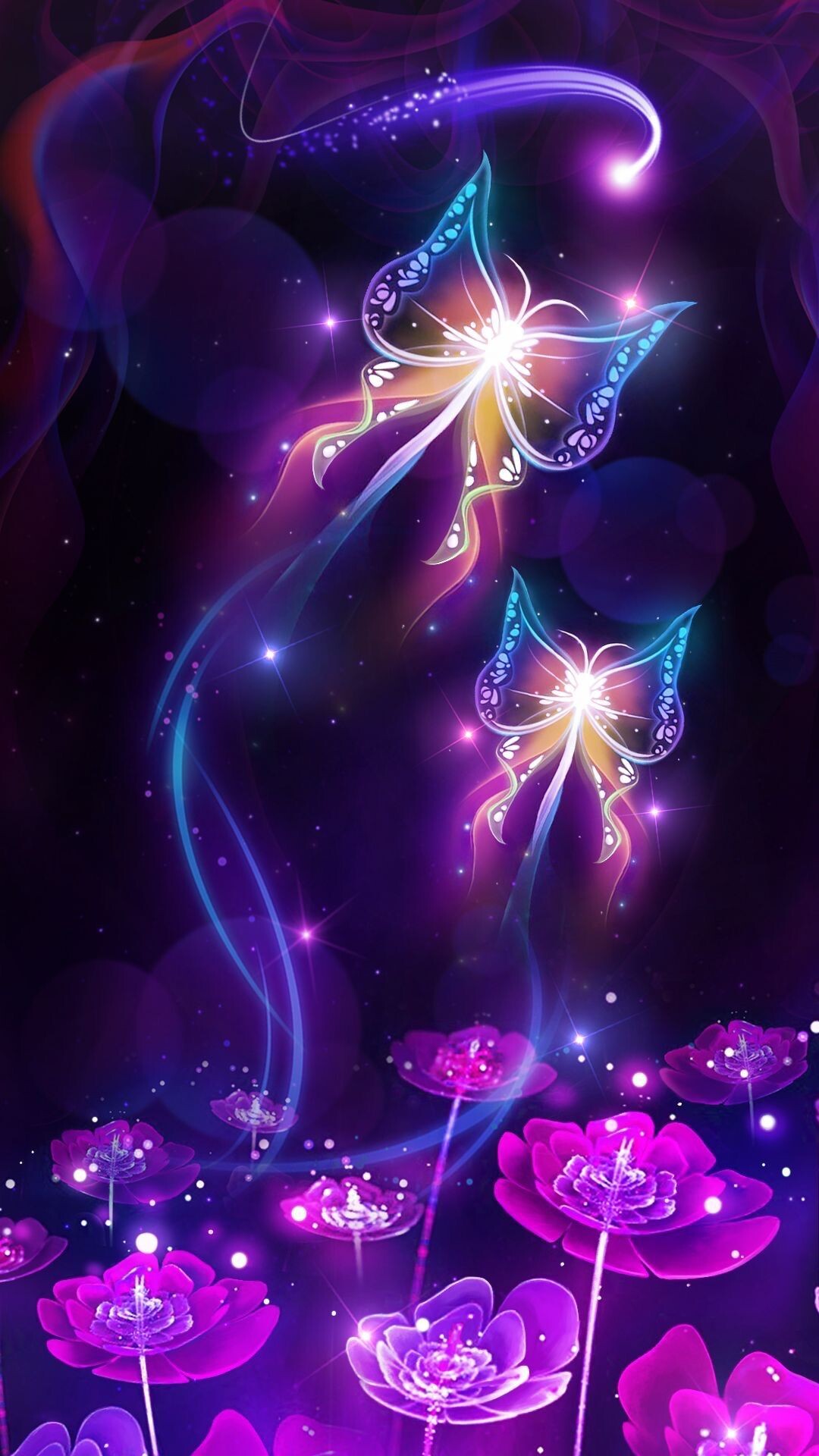 Glow in the Dark: Glowing pattern, Neon garden, Aesthetic lighting, Flowers, Butterfly. 1080x1920 Full HD Wallpaper.