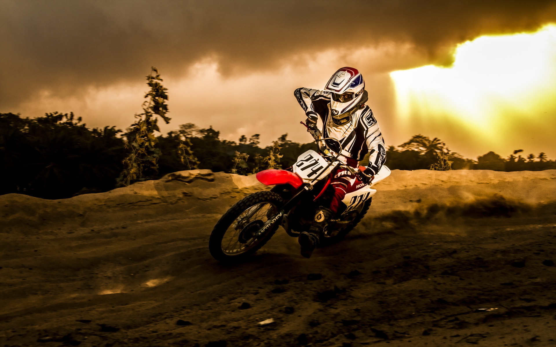 Motorcycle Racing: Motocross, Dirt Race on the Sunset, Pitbike, Enduro. 1920x1200 HD Background.