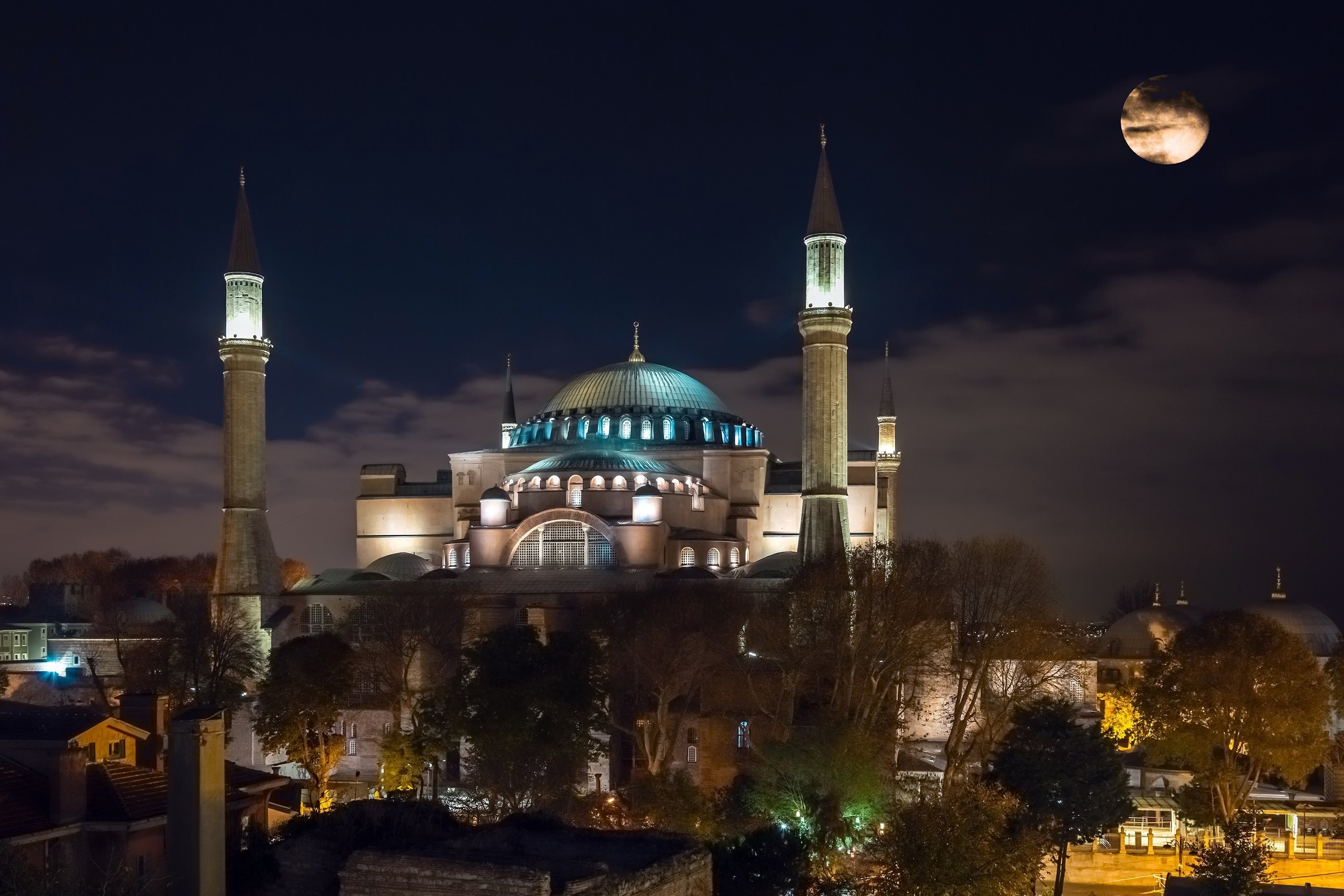 Hagia Sophia, Moschee at night, Istanbul skyline, Desktop wallpaper, 3000x2000 HD Desktop