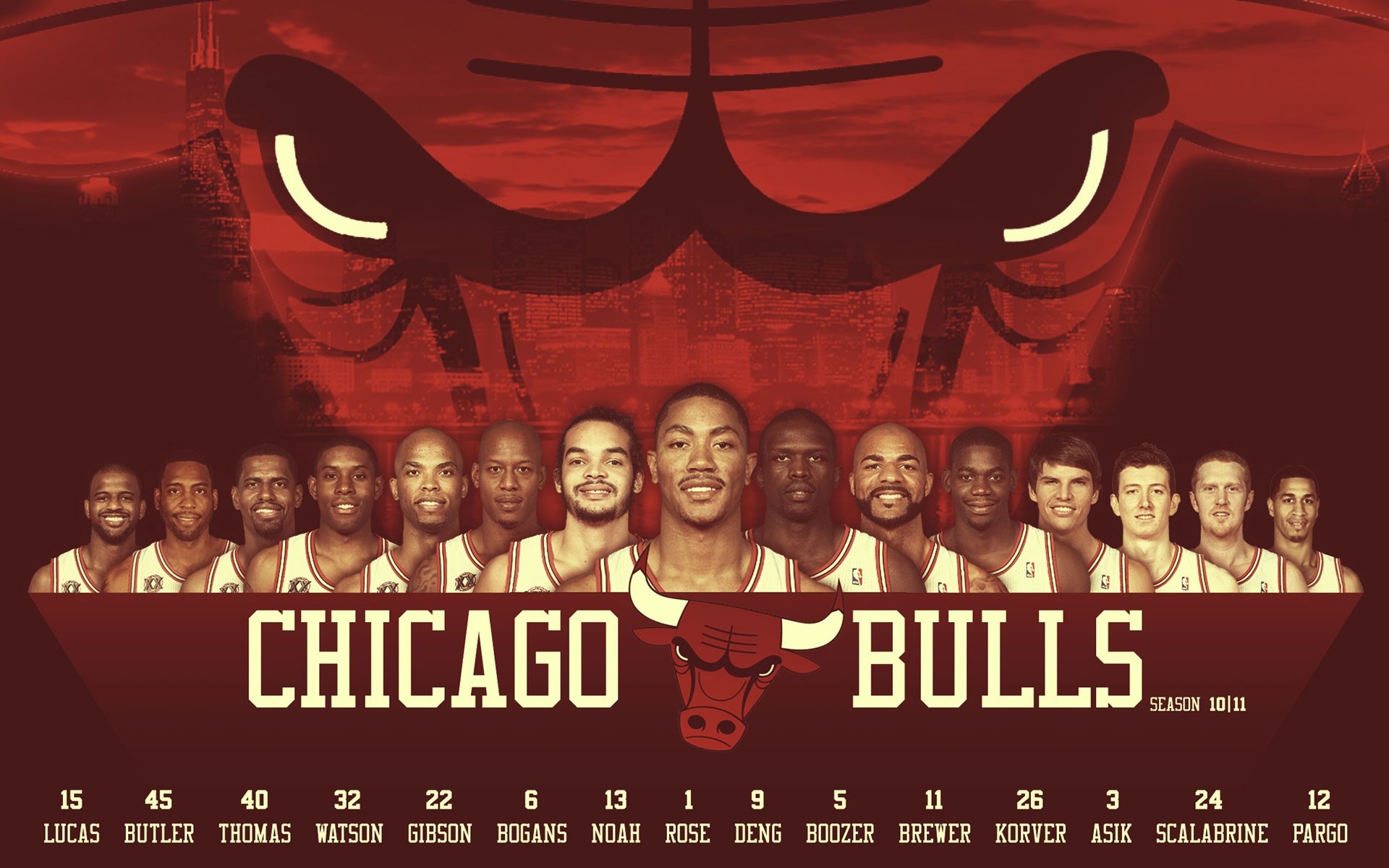 Chicago Bulls: NBA, Joakim Noah, Derrick Rose, Carlos Boozer, Kyle Korver, Ronnie Brewer. 1920x1200 HD Background.