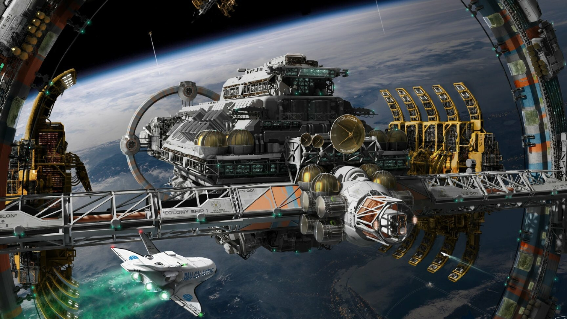 Space Station: Sci Fi, A structure in a galaxy where people can live and work. 1920x1080 Full HD Background.
