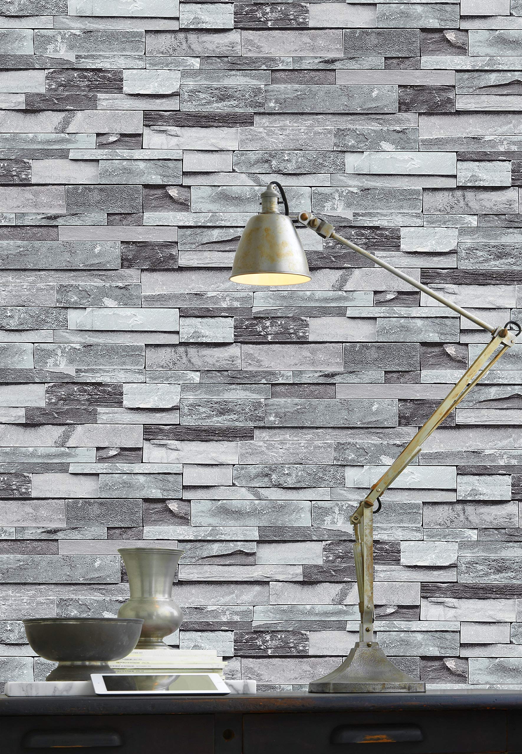 Faux stone brick wallpaper, Grey/Brown/Lake Green, Embossed, Multi brick blocks, 1780x2560 HD Handy