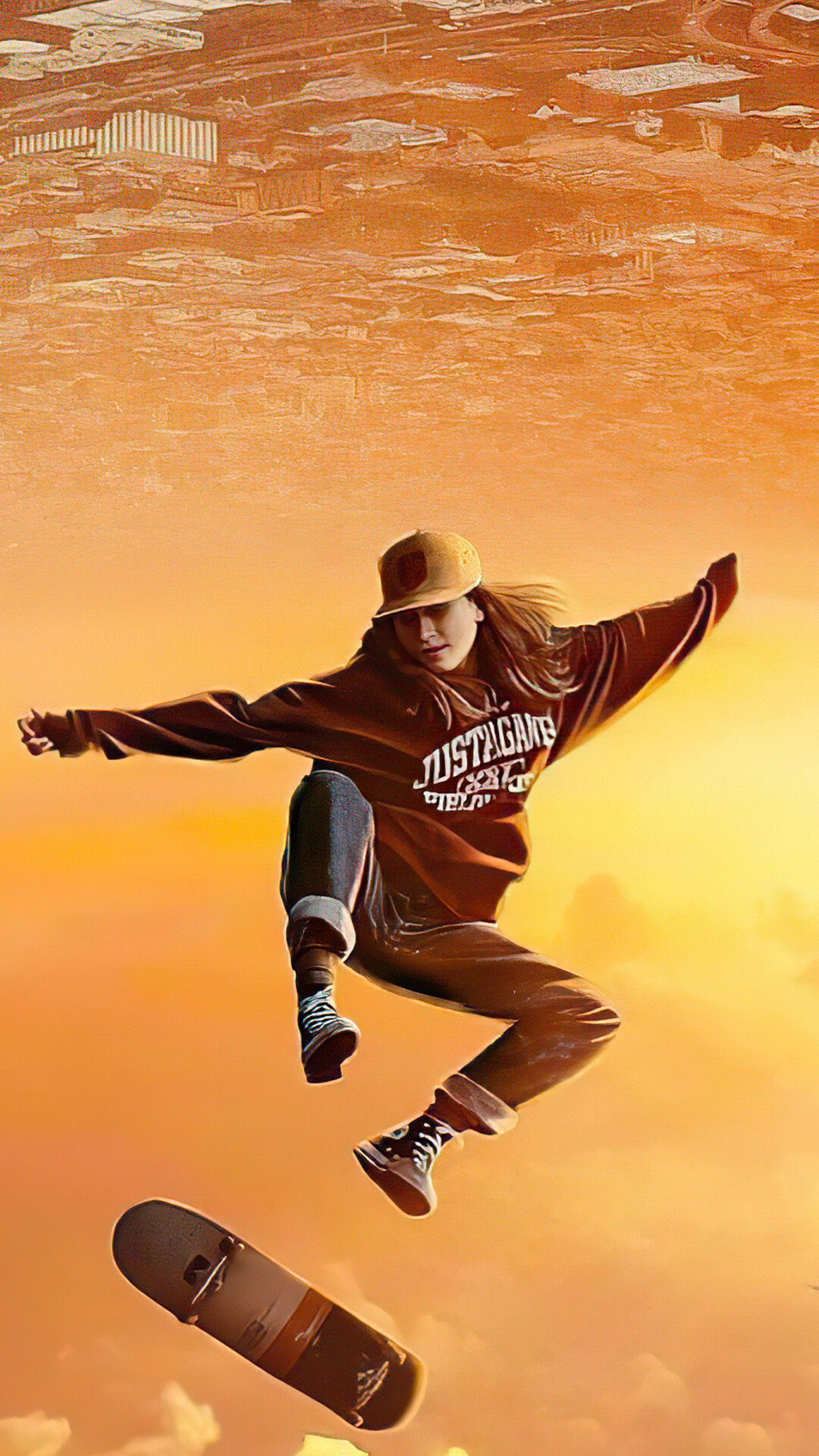 Girl Skateboarding: A skater performing a flip trick, Ollie, High jumping over a bar and landing on the board again. 1080x1920 Full HD Wallpaper.