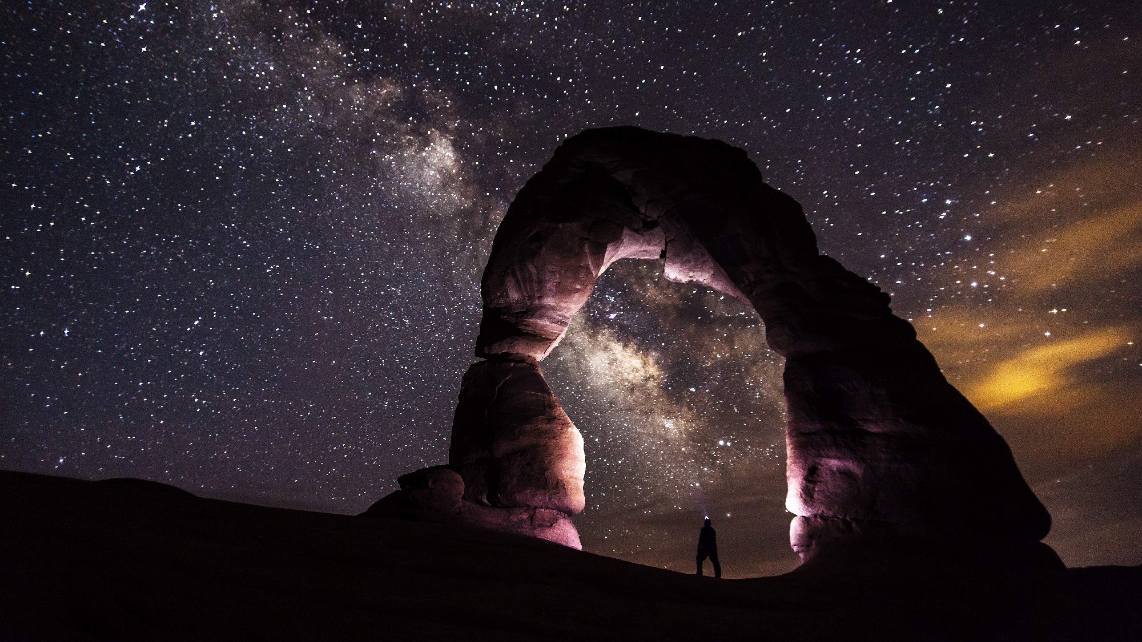 Night sky, stone arch under stars, captivating beauty, celestial wonder, 3840x2160 4K Desktop