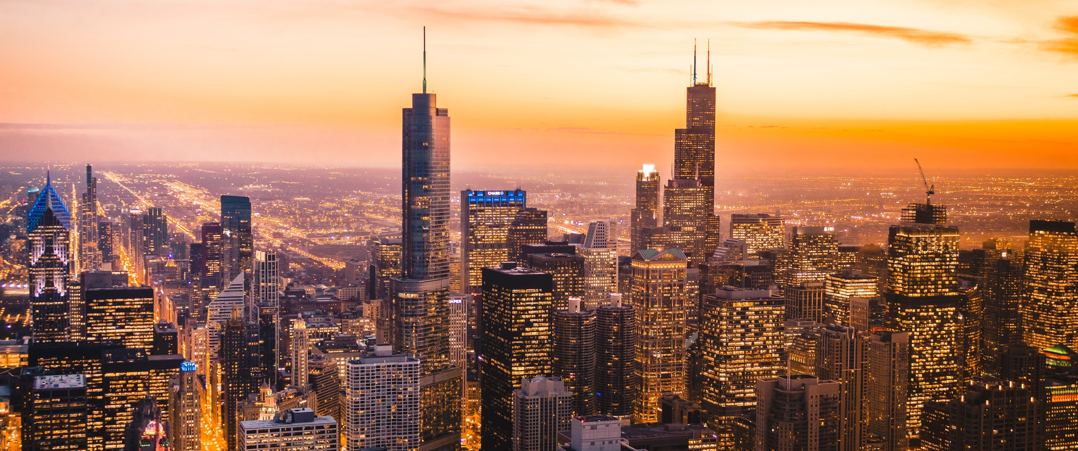 Chicago skyline, Cityscape at dawn, Sunset city, Stunning urban scenery, 3440x1440 Dual Screen Desktop