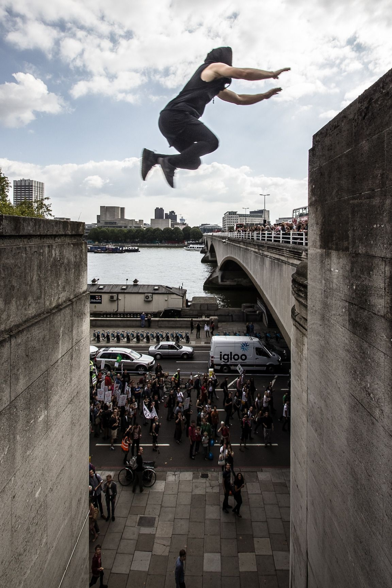 Parkour: Arm jump, Precision jump, Risk of falling from a great height, Risky sport. 1280x1920 HD Background.