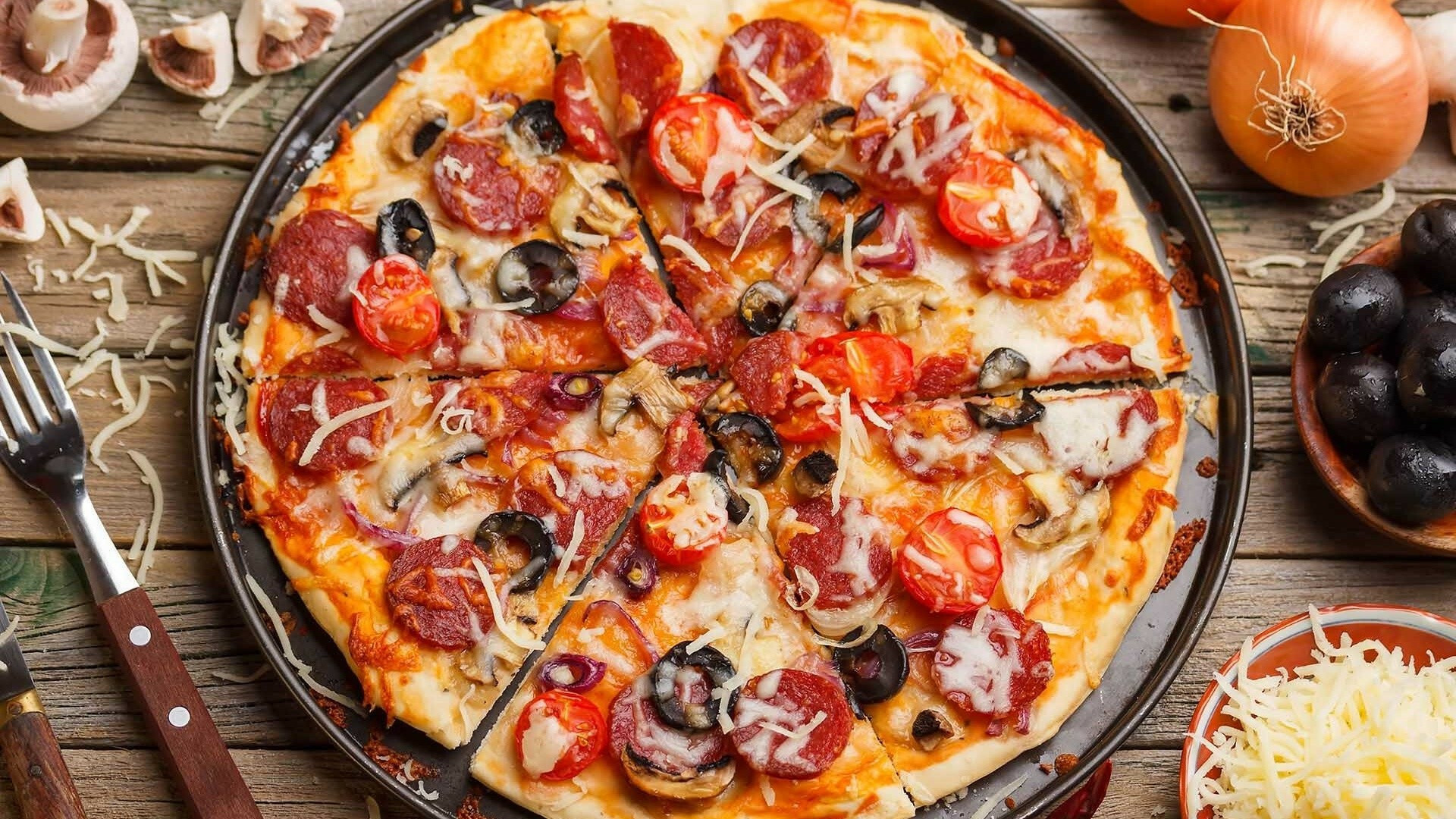 Pizza: Dish, Fast food, Cheese, Vegetables. 1920x1080 Full HD Background.