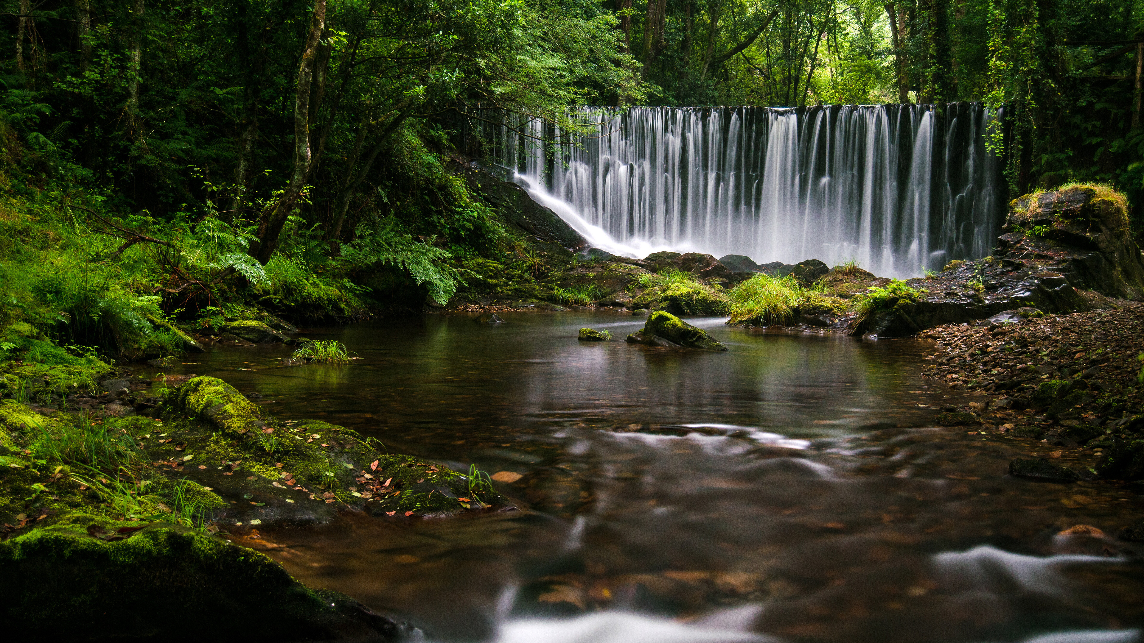 Waterfall: Galician, Natural surroundings, Green terrain, Creek. 3840x2160 4K Wallpaper.