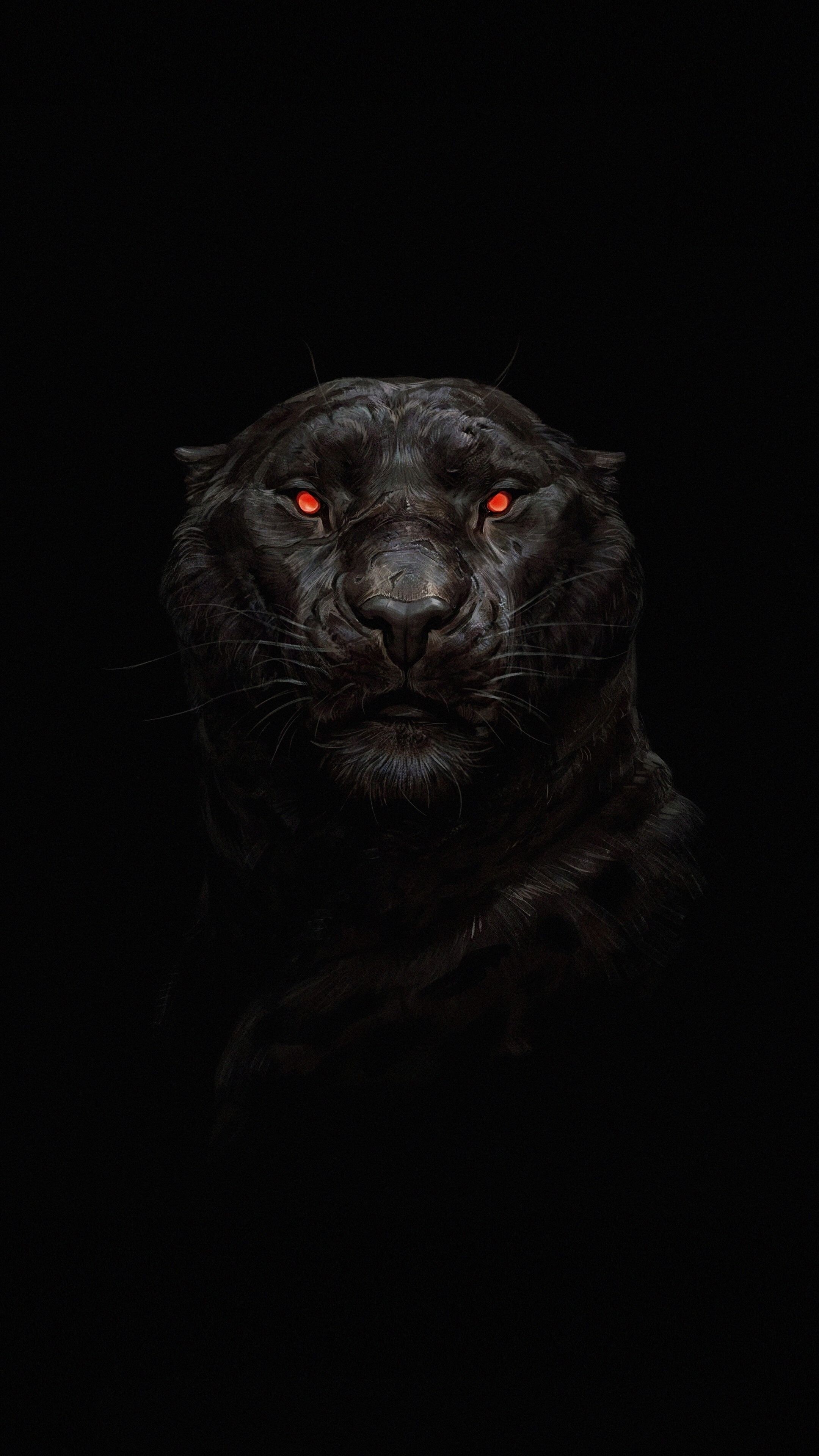 Glow in the Dark: Glowing eyes in the dark, Wild cat, Neon effect, Minimalistic, Black jaguar. 2160x3840 4K Background.