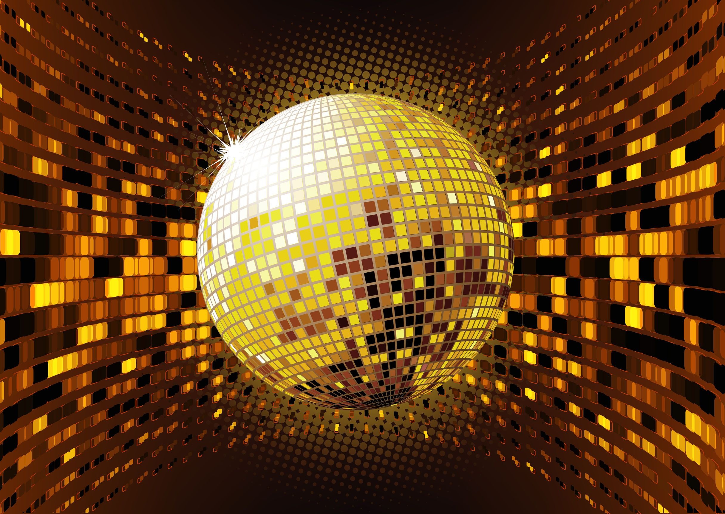 Disco: A picturesque golden glitter ball, Flashing light used at dance parties. 2440x1730 HD Background.
