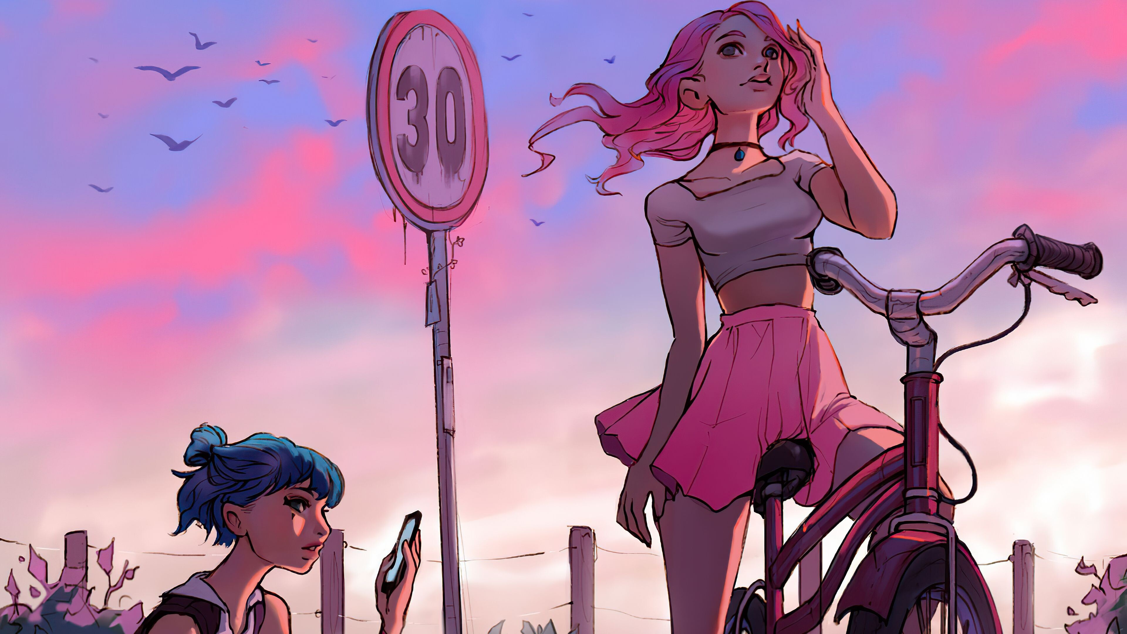 Girl and Bike: Anime, Cartoon characters, Pink and purple, Girl riding a bicycle. 3840x2160 4K Wallpaper.