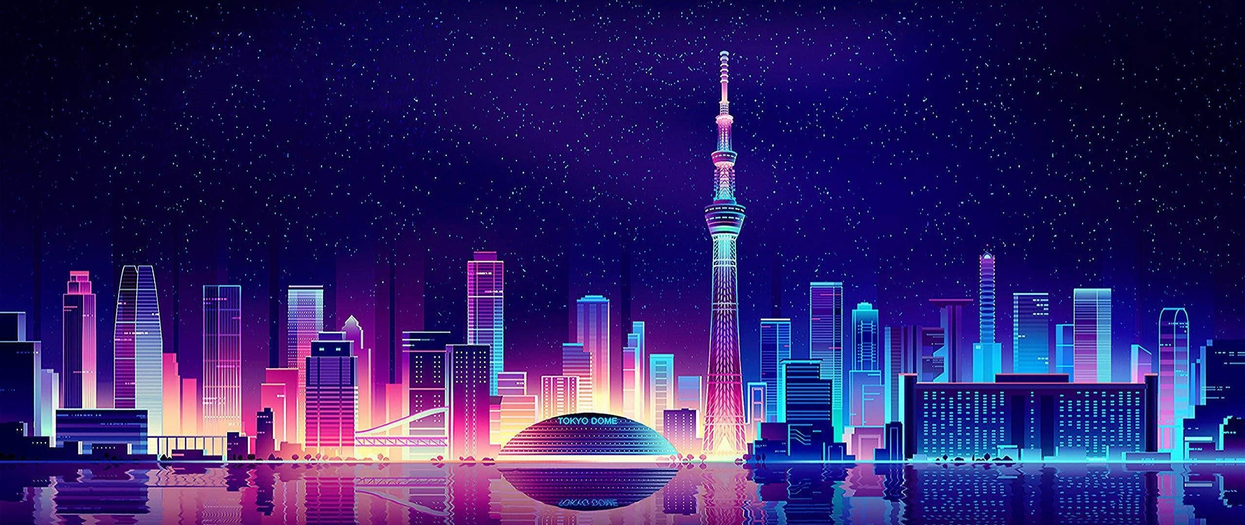 Neon Skyline, Tokyo neon retro, 4K wallpapers, Cityscape, 2560x1080 Dual Screen Desktop