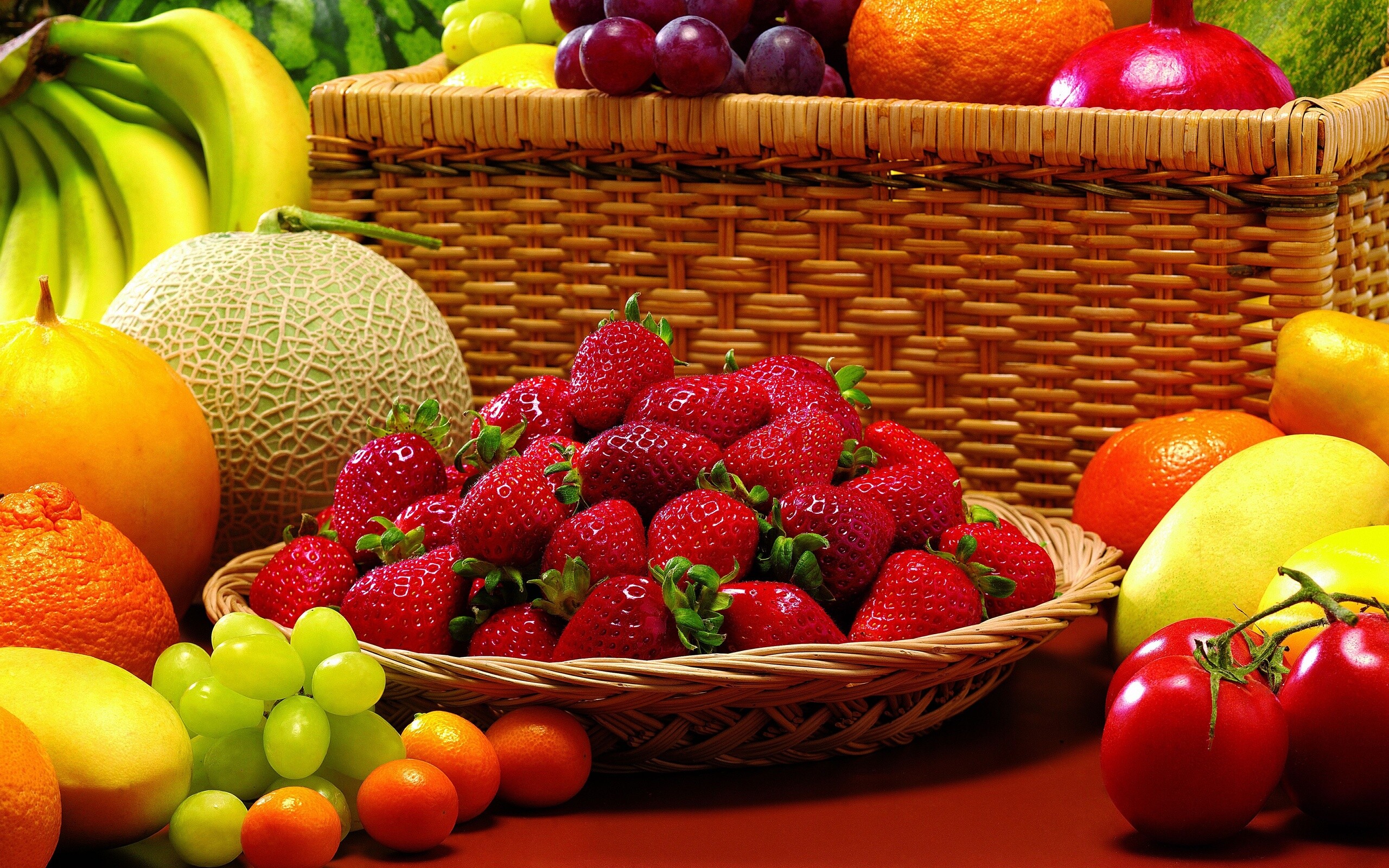 Fruit: The fleshy or dry ripened ovary of a flowering plant, Strawberries, Grapes, Banana. 2560x1600 HD Wallpaper.