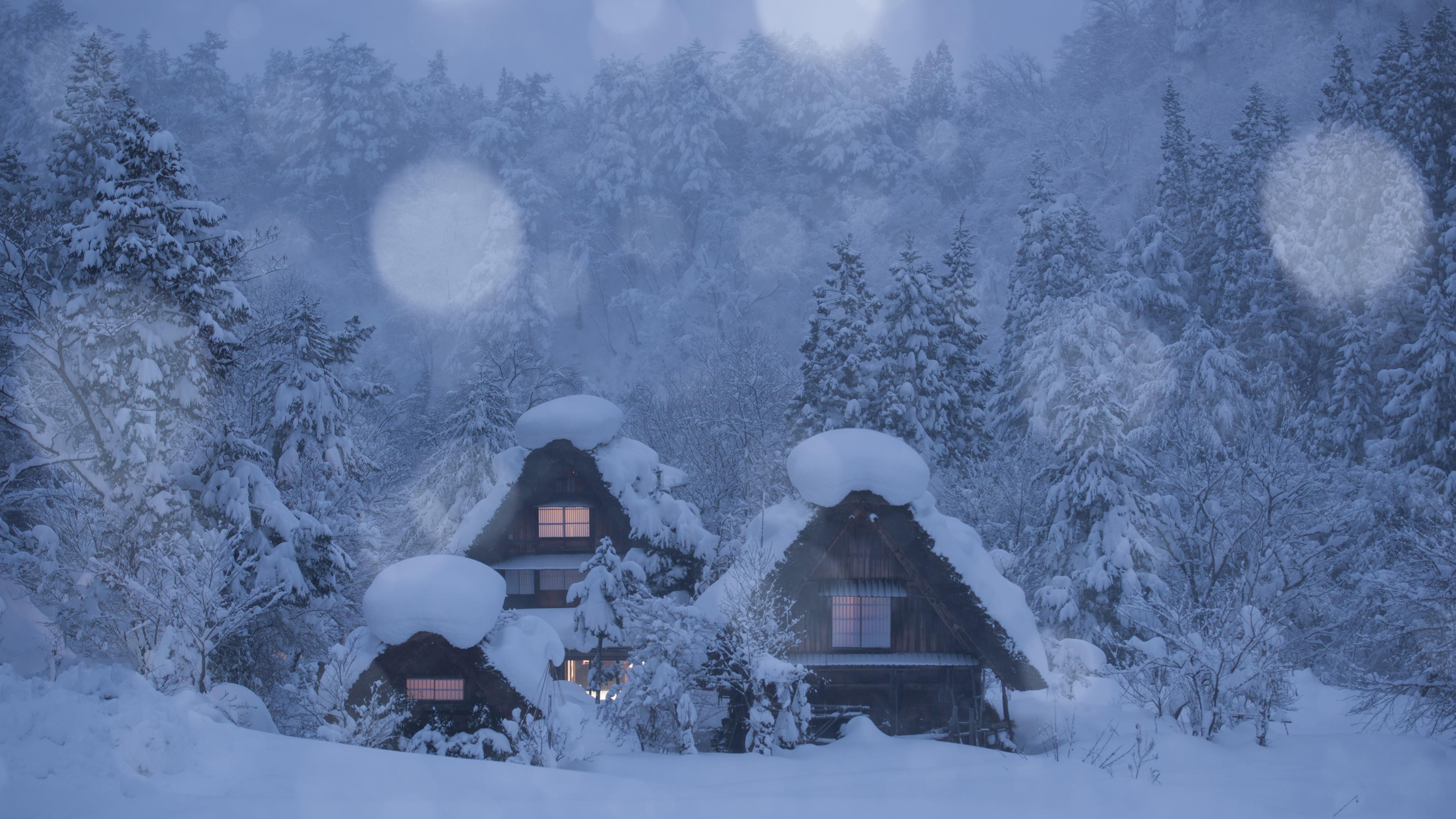 Ice Storm, Winter cabins, Snowstorm beauty, Frozen landscapes, 3840x2160 4K Desktop
