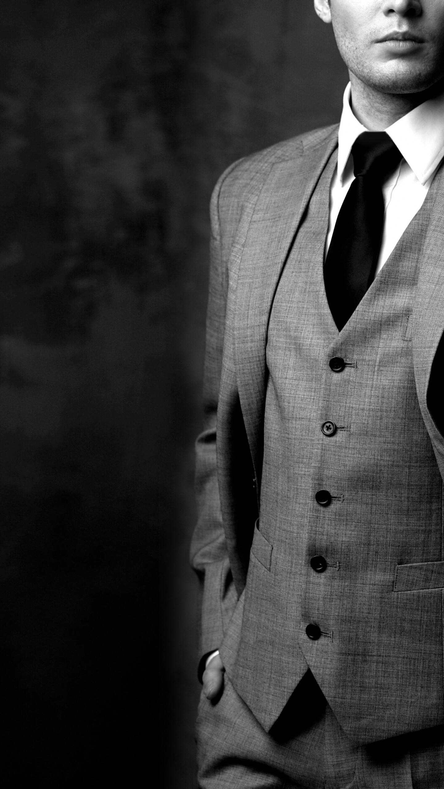 Gentleman: The Modern three-piece suit with tie, Men's aesthetics, Monochrome. 1440x2560 HD Wallpaper.