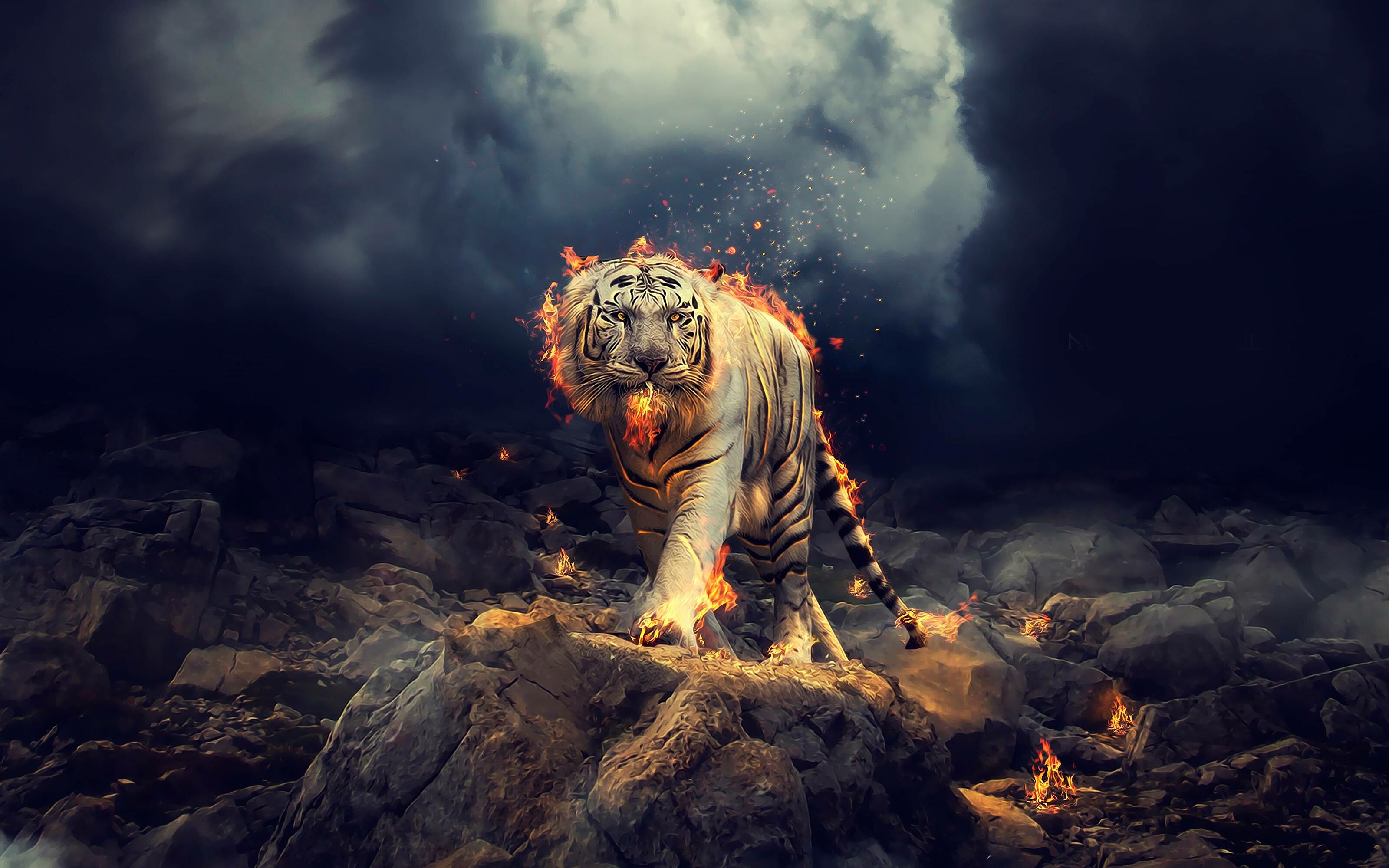 Tiger: One of only a few striped cat species, Fantasy. 3200x2000 HD Wallpaper.