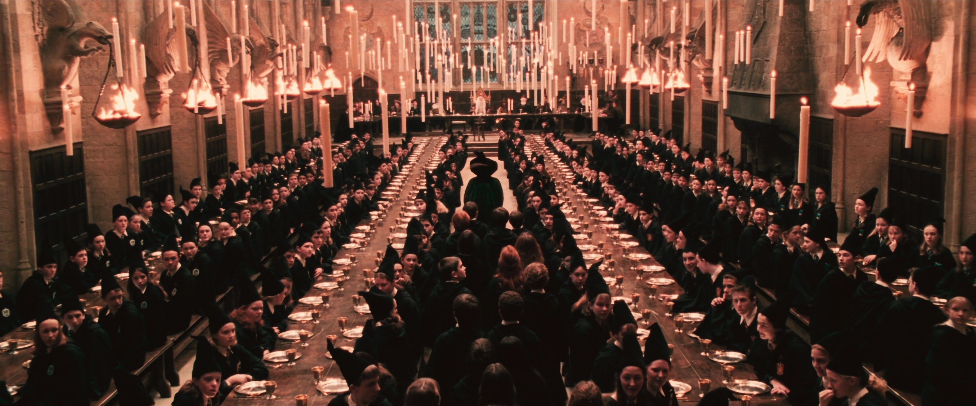 Harry Potter, Philosophers Stone, 4K movie, Hogwarts great hall, 3840x1600 Dual Screen Desktop