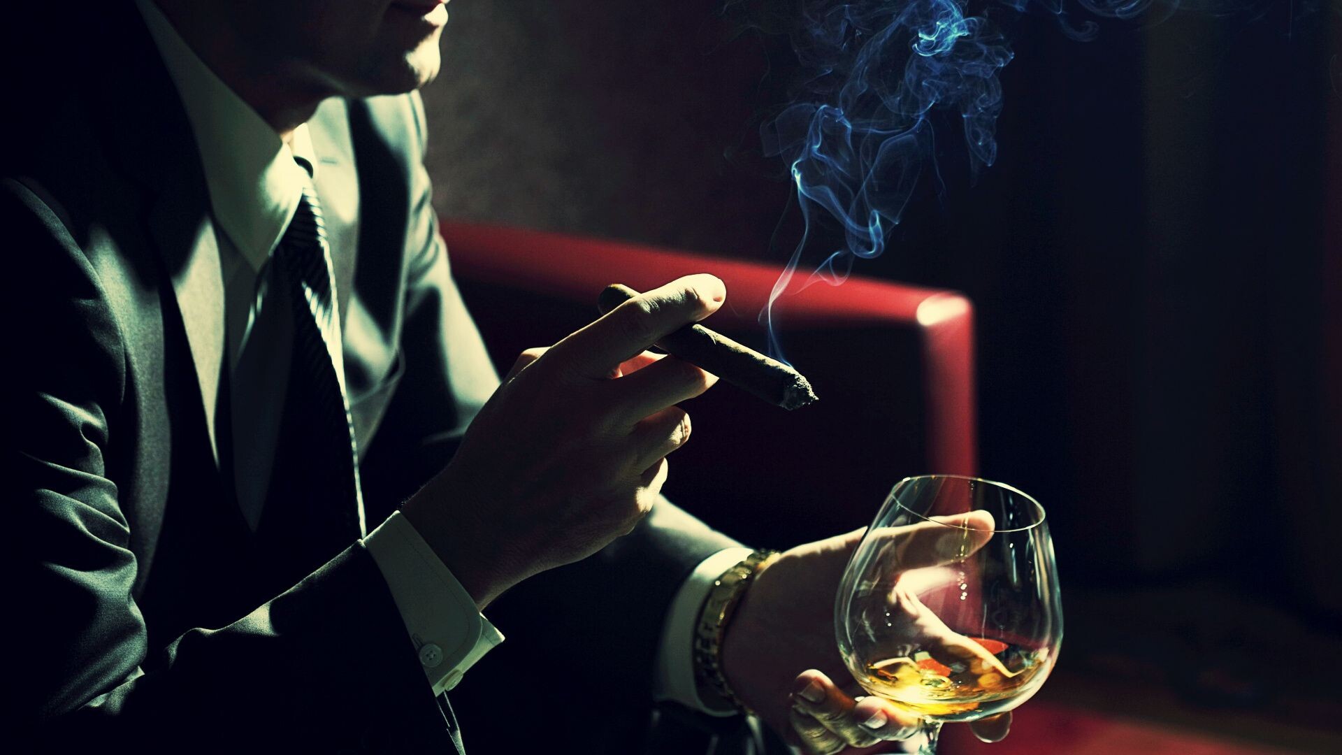 Gentleman: A male with a cigar and whiskey, A person who is polite and educated and can be trusted. 1920x1080 Full HD Background.