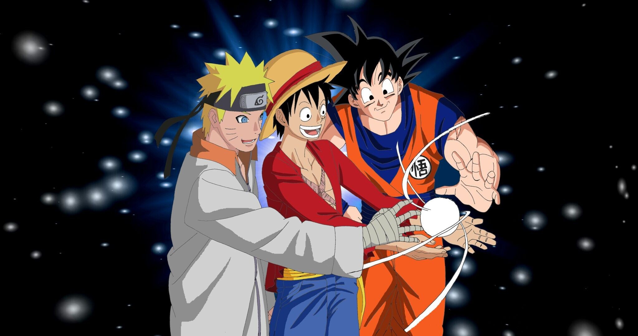 Goku and Naruto: Monkey D. Luffy, Son Goku, Naruto Uzumaki, The grandest fights in all of animanga. 2050x1080 HD Wallpaper.