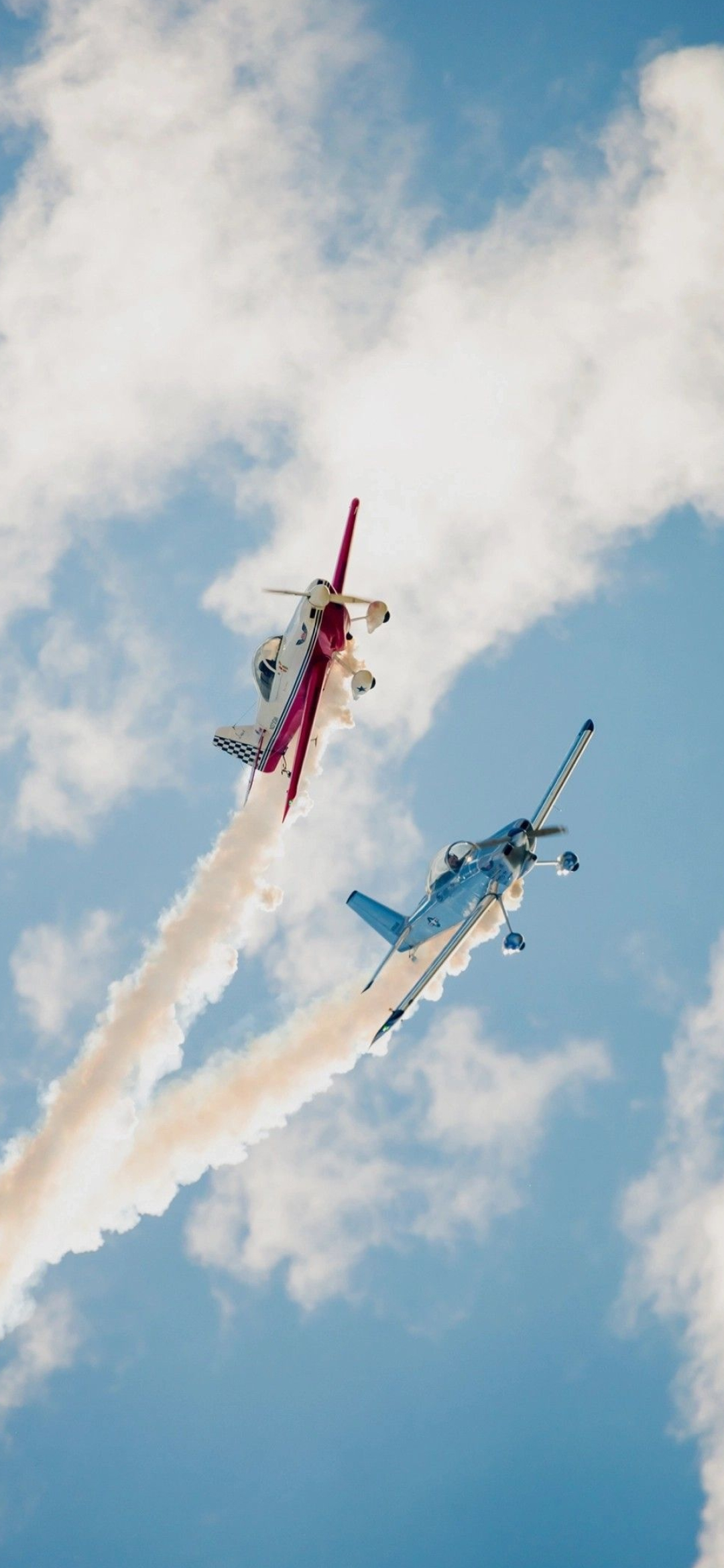 Aerobatics: Tandem aircraft air show, Extreme air sport, Extreme performance. 1080x2340 HD Wallpaper.