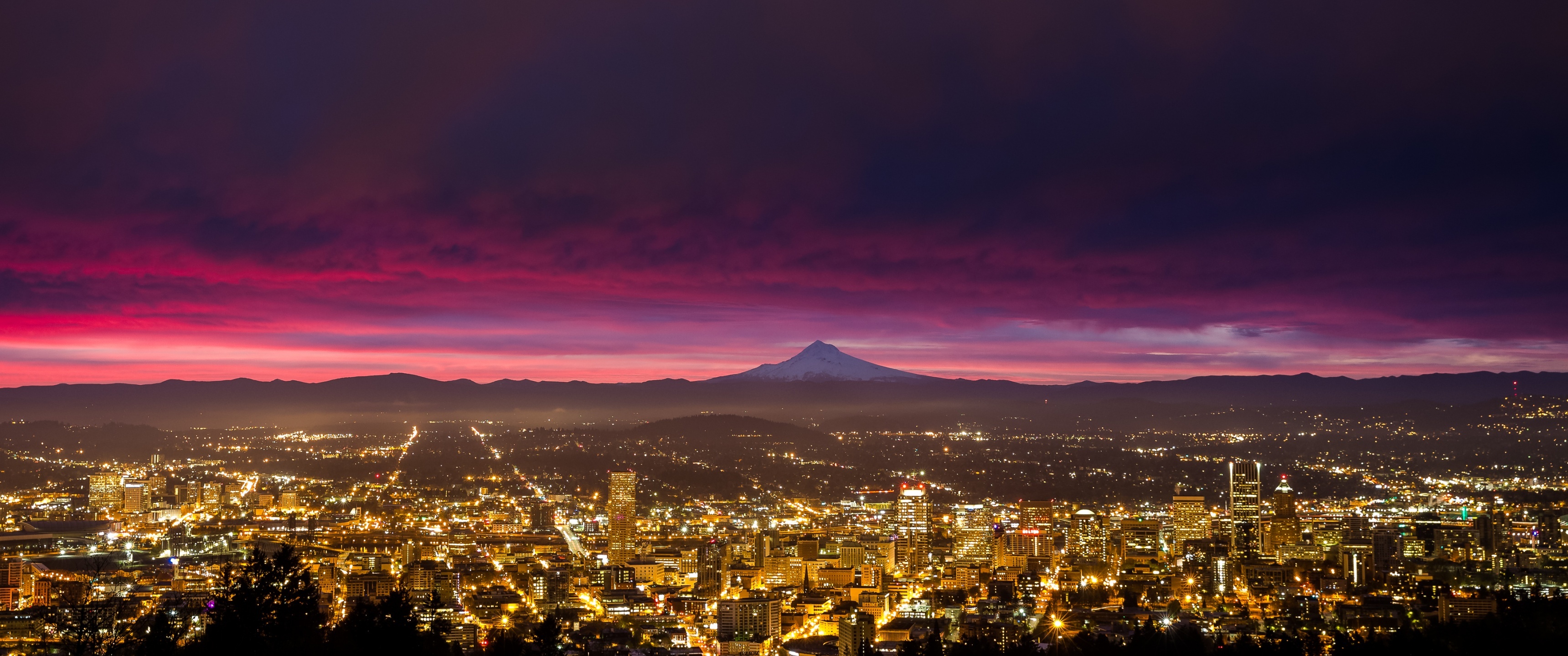 Portland Oregon Skyline, Cityscape wallpaper, Sunrise Portland panorama, City lights, 3440x1440 Dual Screen Desktop