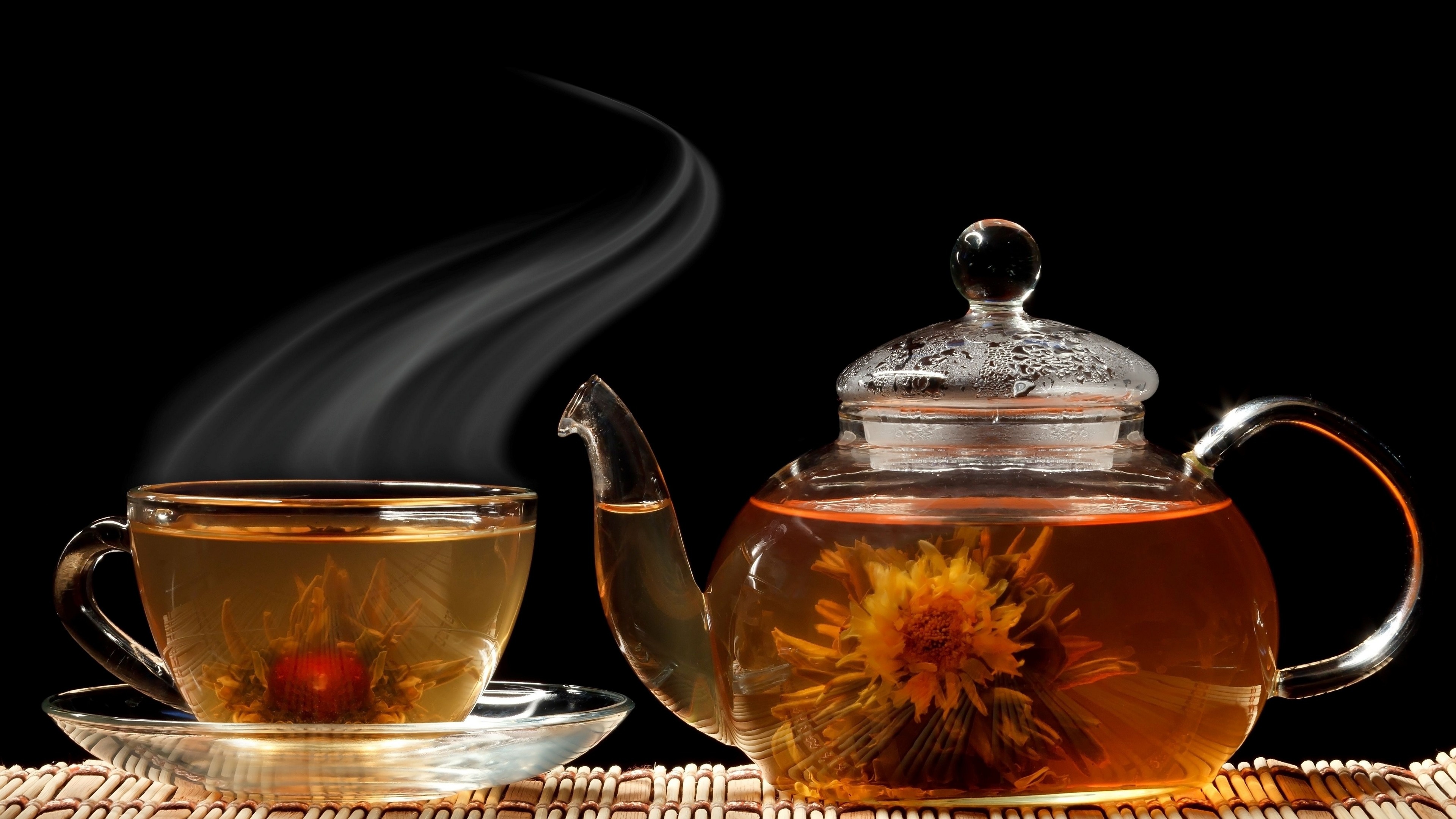 Tea: Made by binding tea leaves and flowers together into a bulb, Kettle. 3840x2160 4K Wallpaper.