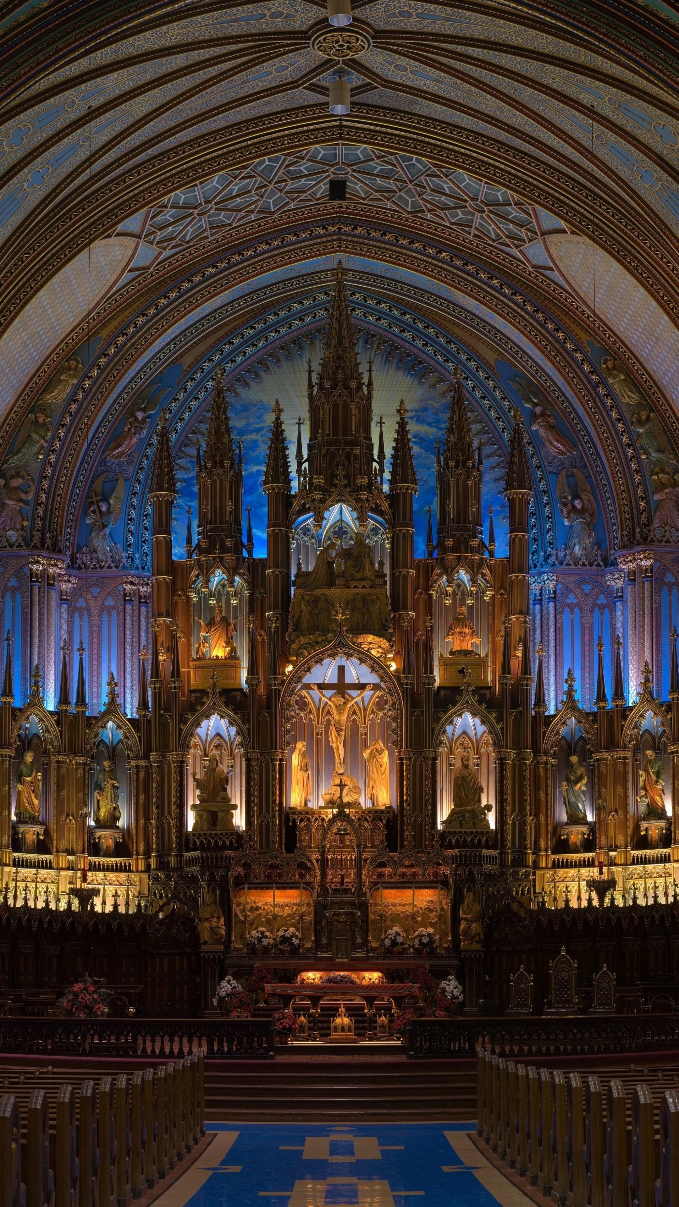 Gothic Architecture: Notre-Dame Basilica, Montreal, Canada, Cathedral, Ornate decoration, Saints. 2160x3840 4K Background.