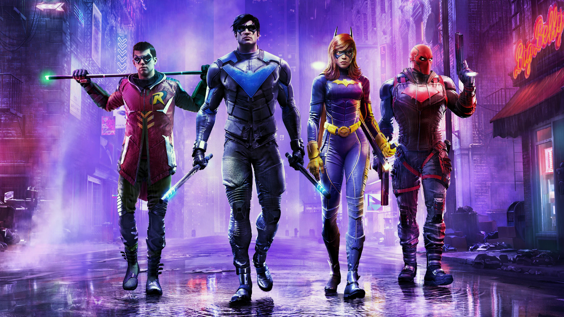 Gotham Knights (Game): Four playable characters: Nightwing, Batgirl, Robin, and Red Hood. 1920x1080 Full HD Background.
