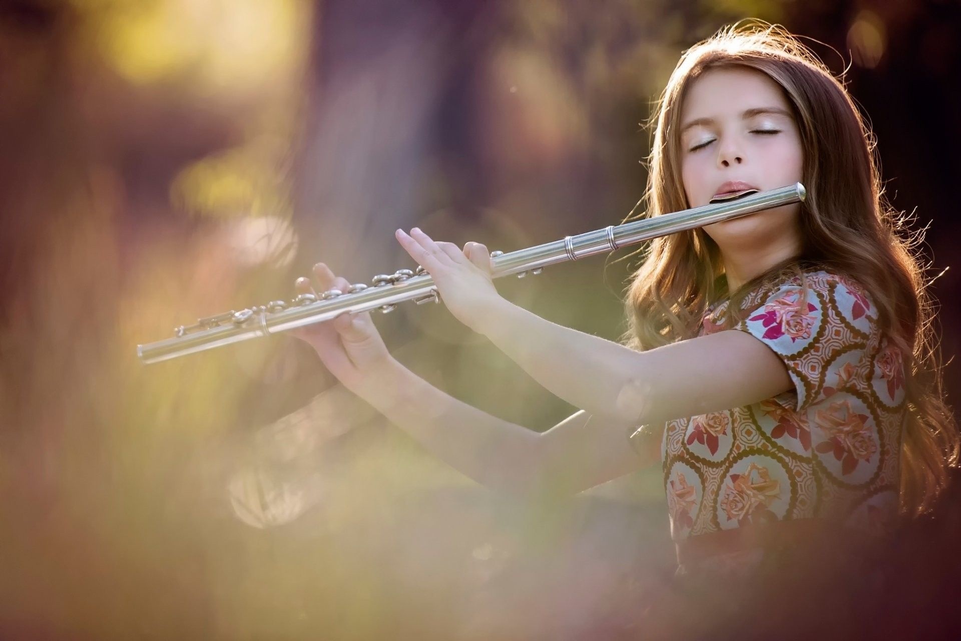 Flute: Girl playing music, A woodwind instrument of edge-blown aerophone category. 1920x1280 HD Wallpaper.