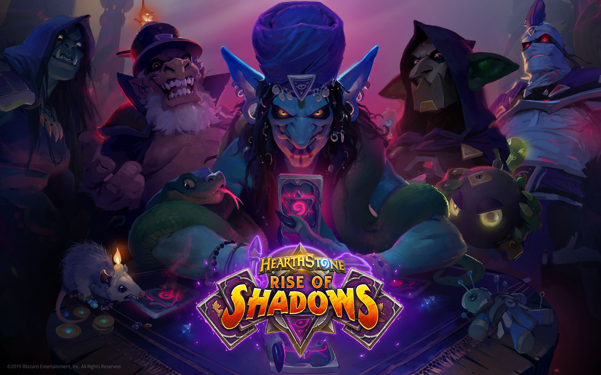 Hearthstone: The game features colorful visuals and animated game boards, with interactive features to entertain players between rounds. 1920x1200 HD Background.