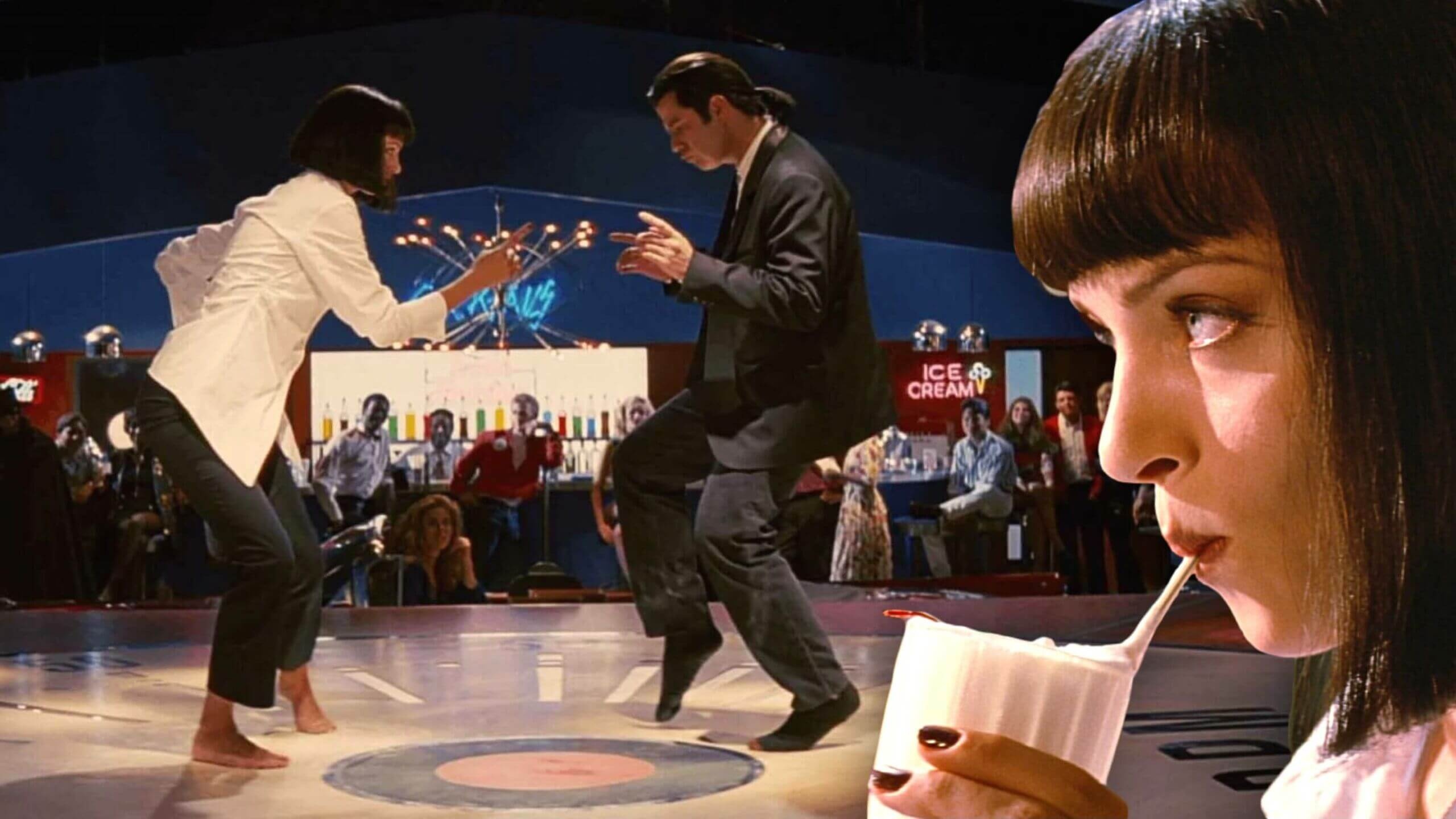 Twist Dance: Pulp Fiction Dance Scene, Jack Rabbit Slims, John Travolta, Uma Thurman. 2560x1440 HD Background.
