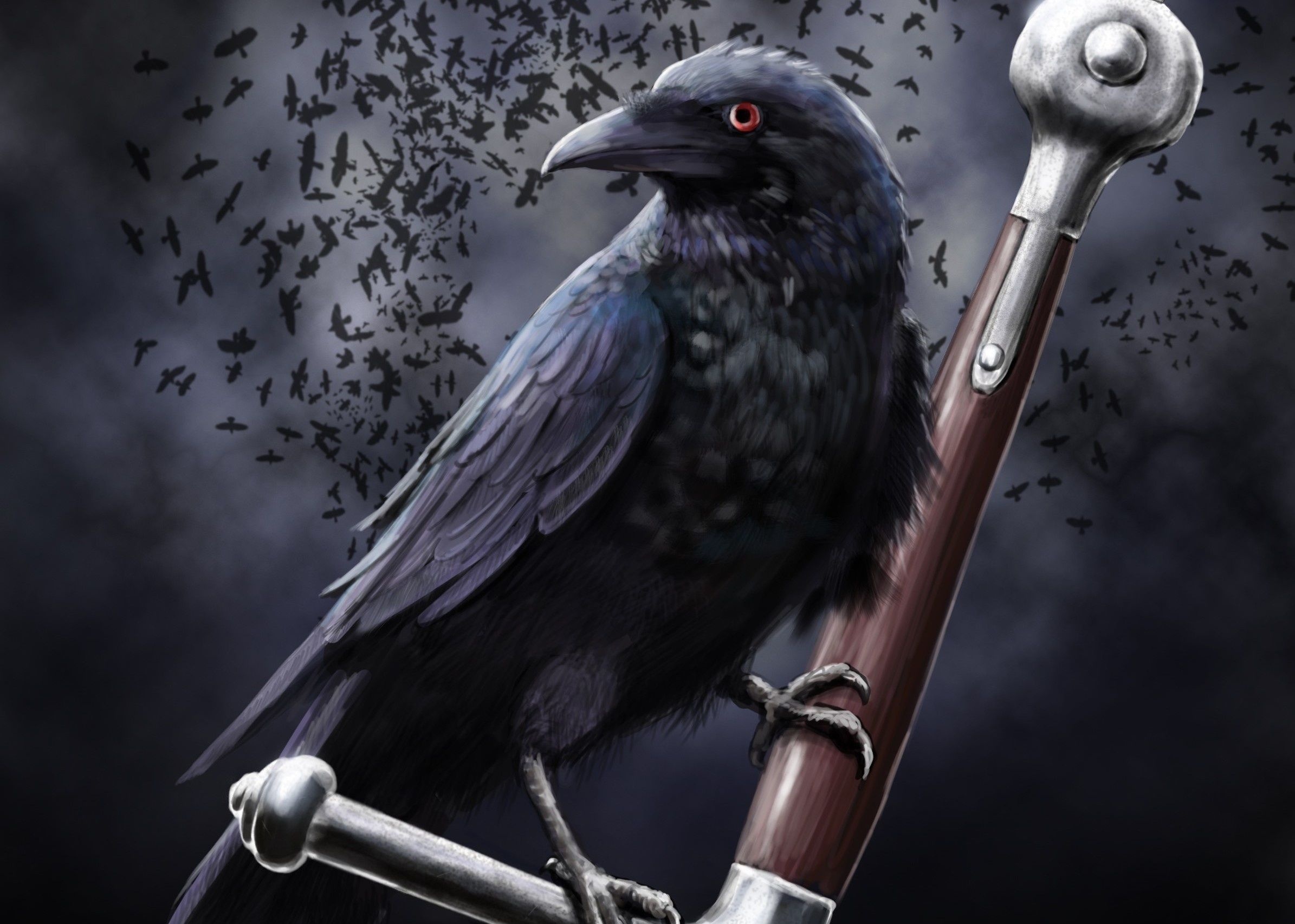 Gothic Art: Raven, Crow, Sword, Flock of birds in the sky, Fantasy, Dark atmosphere. 2390x1710 HD Background.