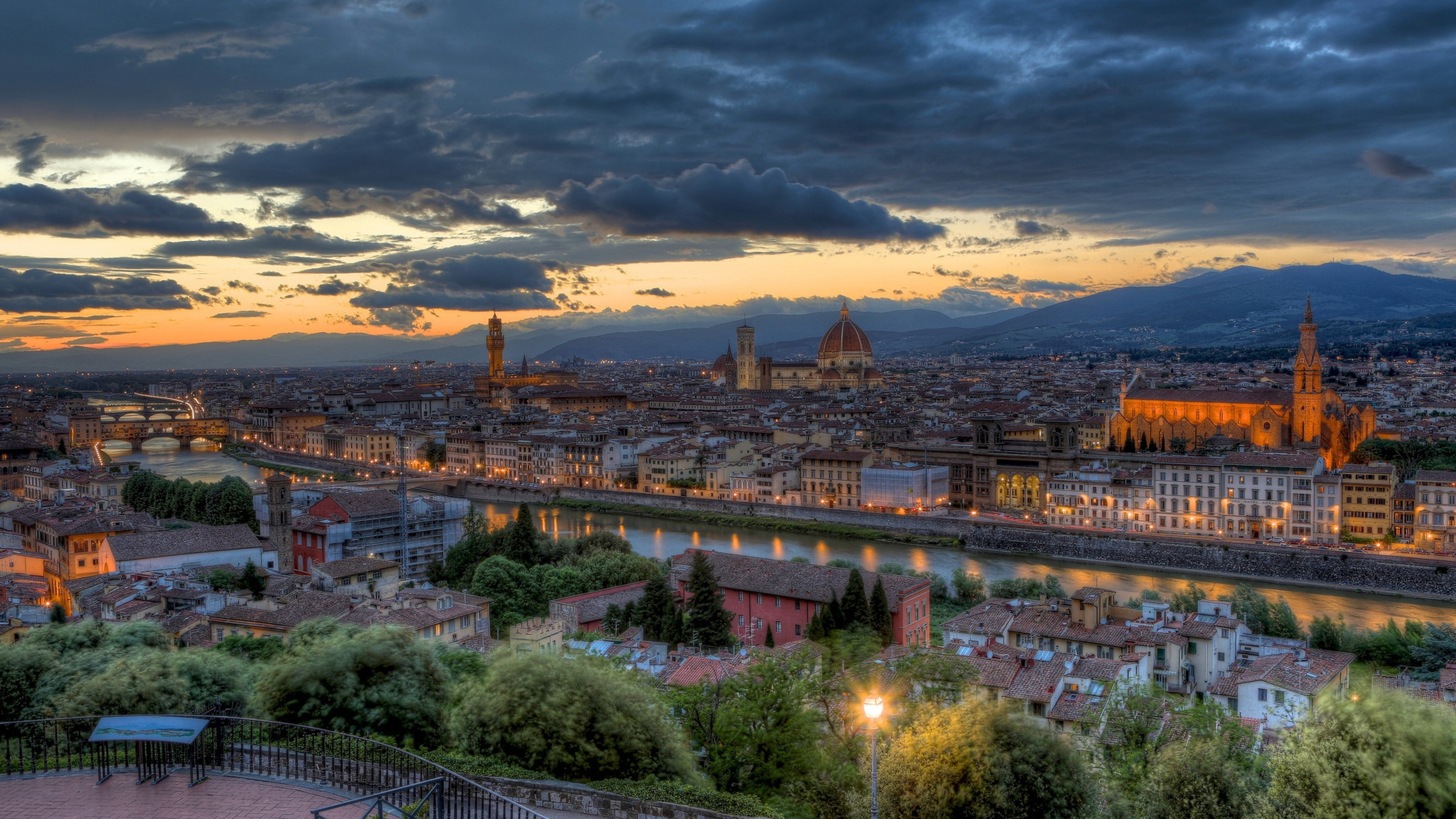 Italy Tuscany, Sunset cityscape, River panorama, Majestic clouds, 3840x2160 4K Desktop