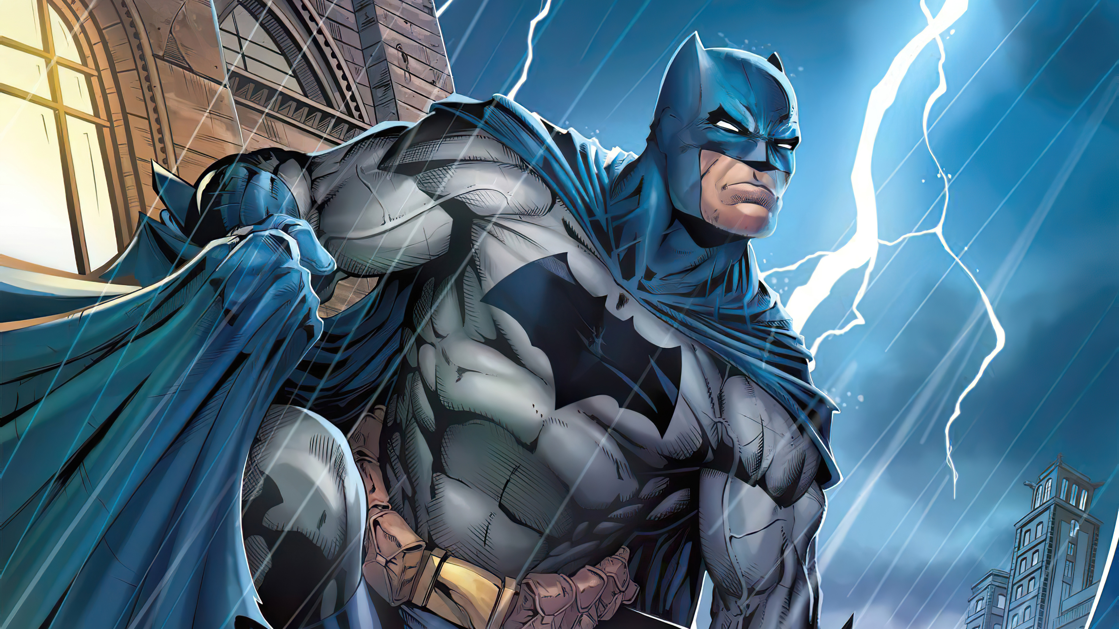 Gotham under storm, Batman silhouette, Dark and dramatic, Lightning backdrop, DC Comics, 3840x2160 4K Desktop