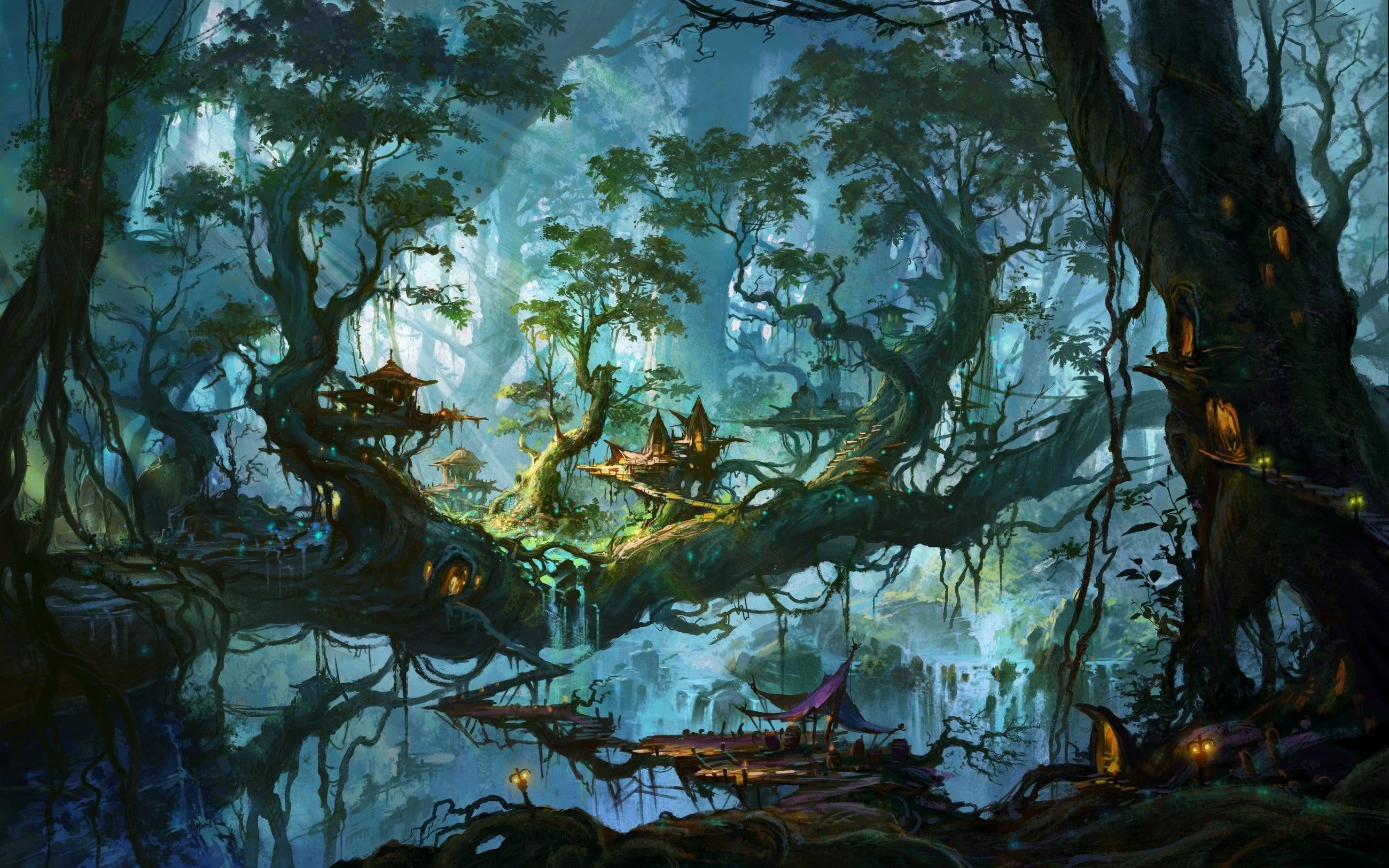 Fantasy art, Enchanted forest, Waterfall scenery, Digital artwork, Ethereal trees, 2600x1630 HD Desktop