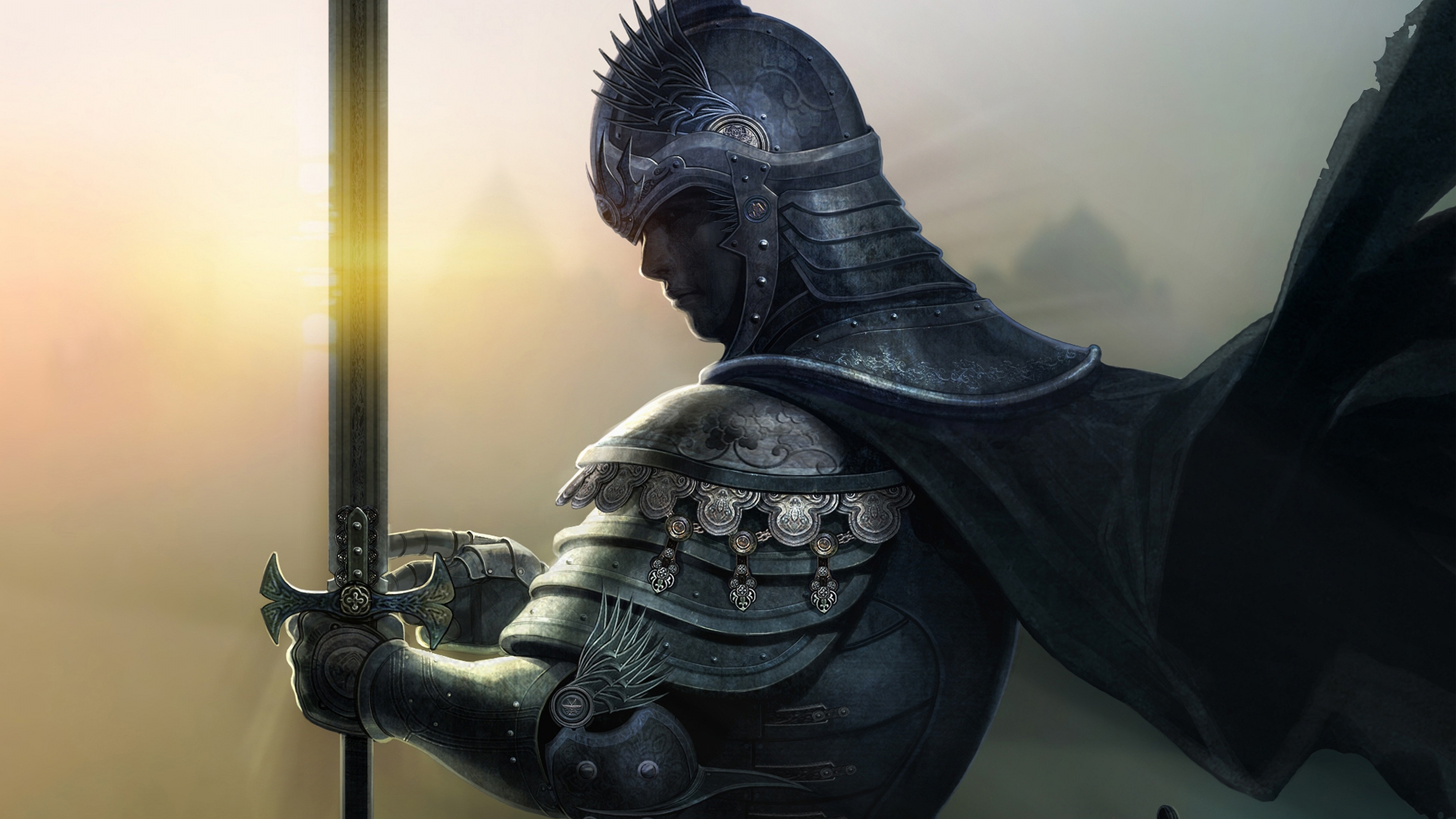 Knight sword, Armor sunlight, Sword cape fantasy, 3840x2160 4K Desktop