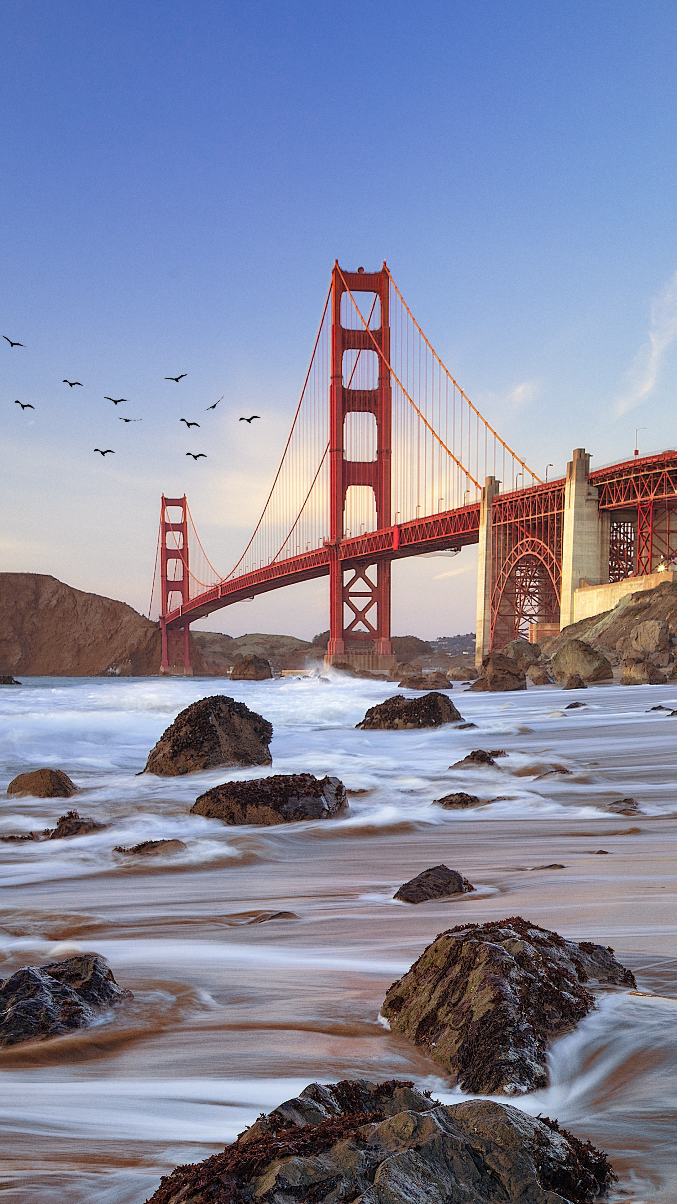 Bridge: The Golden Gate, San Francisco Bay, The Pacific Ocean, One of the most popular places in California. 2160x3840 4K Background.