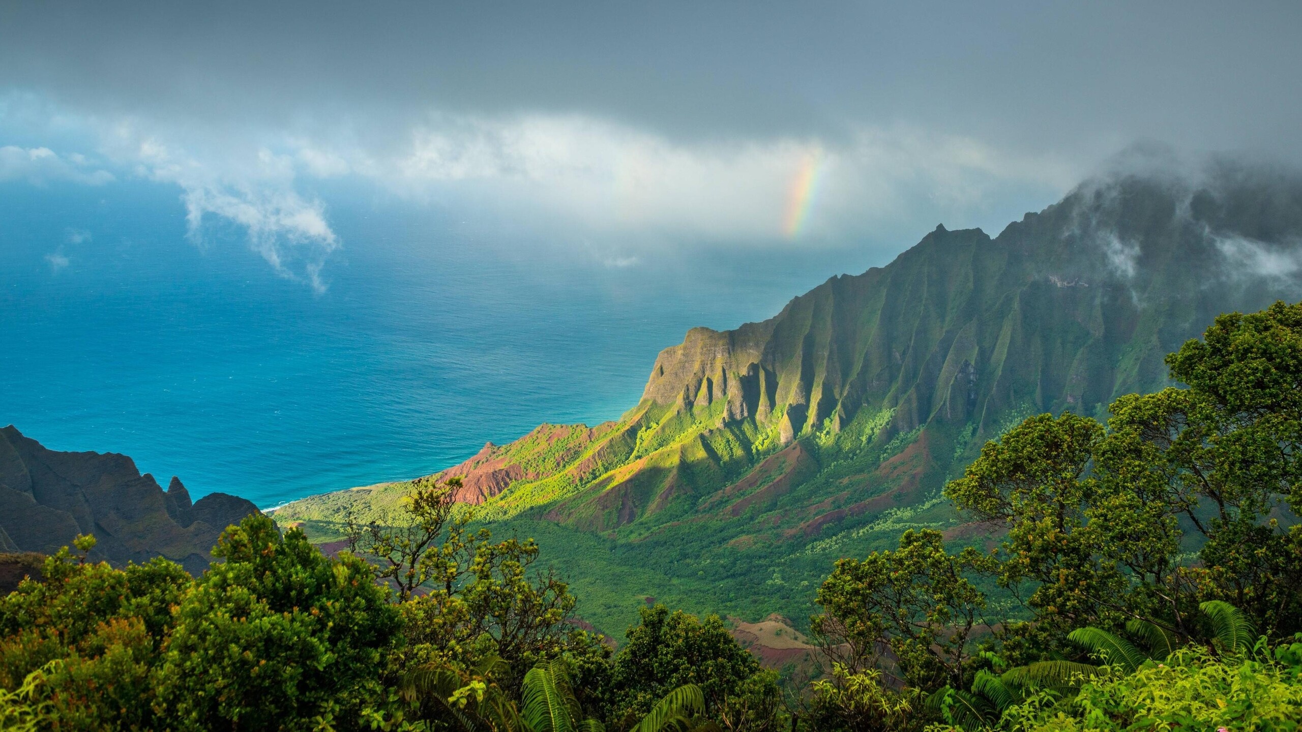 Pacific Ocean, Hawaiian beauty, Cloud-covered mountains, 4K resolution, 2560x1440 HD Desktop
