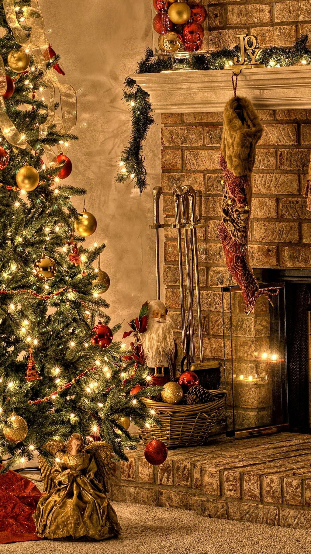 Christmas Fireplace: Mistletoe, Garland, Socks, Winter holidays, Hearth. 1080x1920 Full HD Wallpaper.
