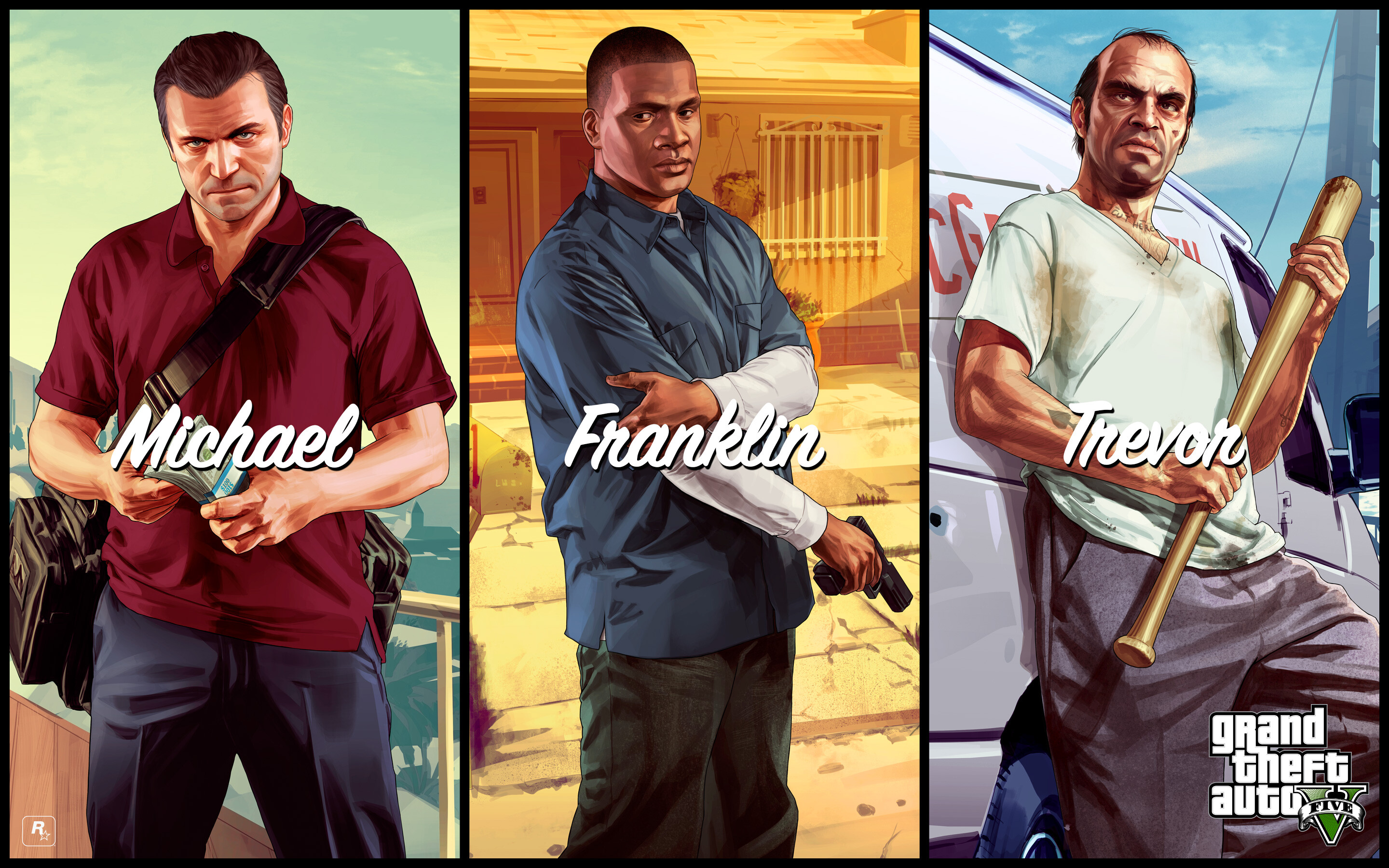 Grand Theft Auto 5: The protagonists of GTA V, Michael De Santa, Trevor Philips, Franklin Clinton. 2880x1800 HD Background.