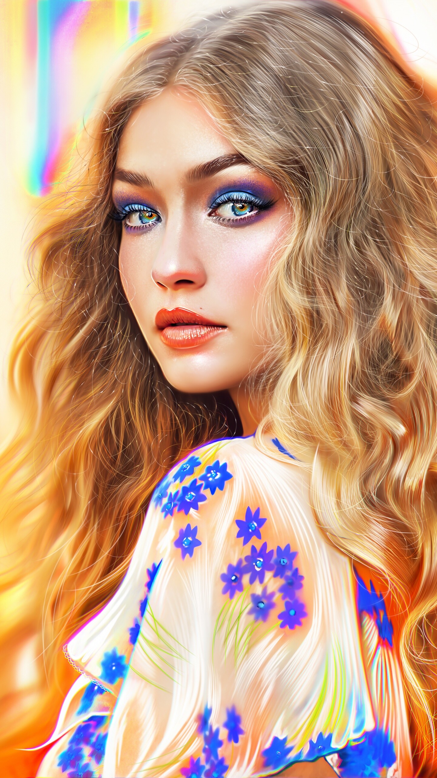 Gigi Hadid, American model, Portrait artwork, Paint, 1440x2560 HD Phone