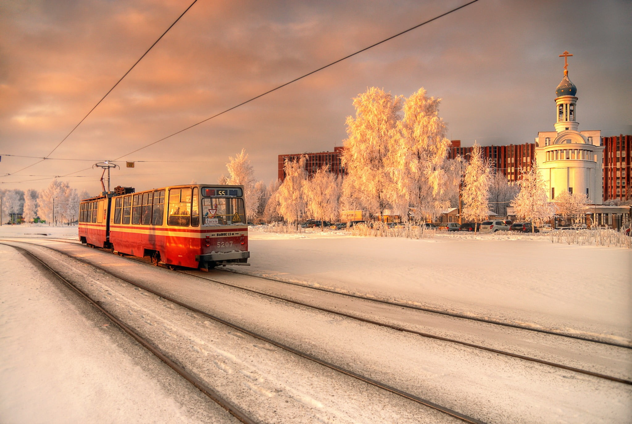 Tram travels, Red and brown bus, Winter scenery, City tram beauty, 2050x1380 HD Desktop