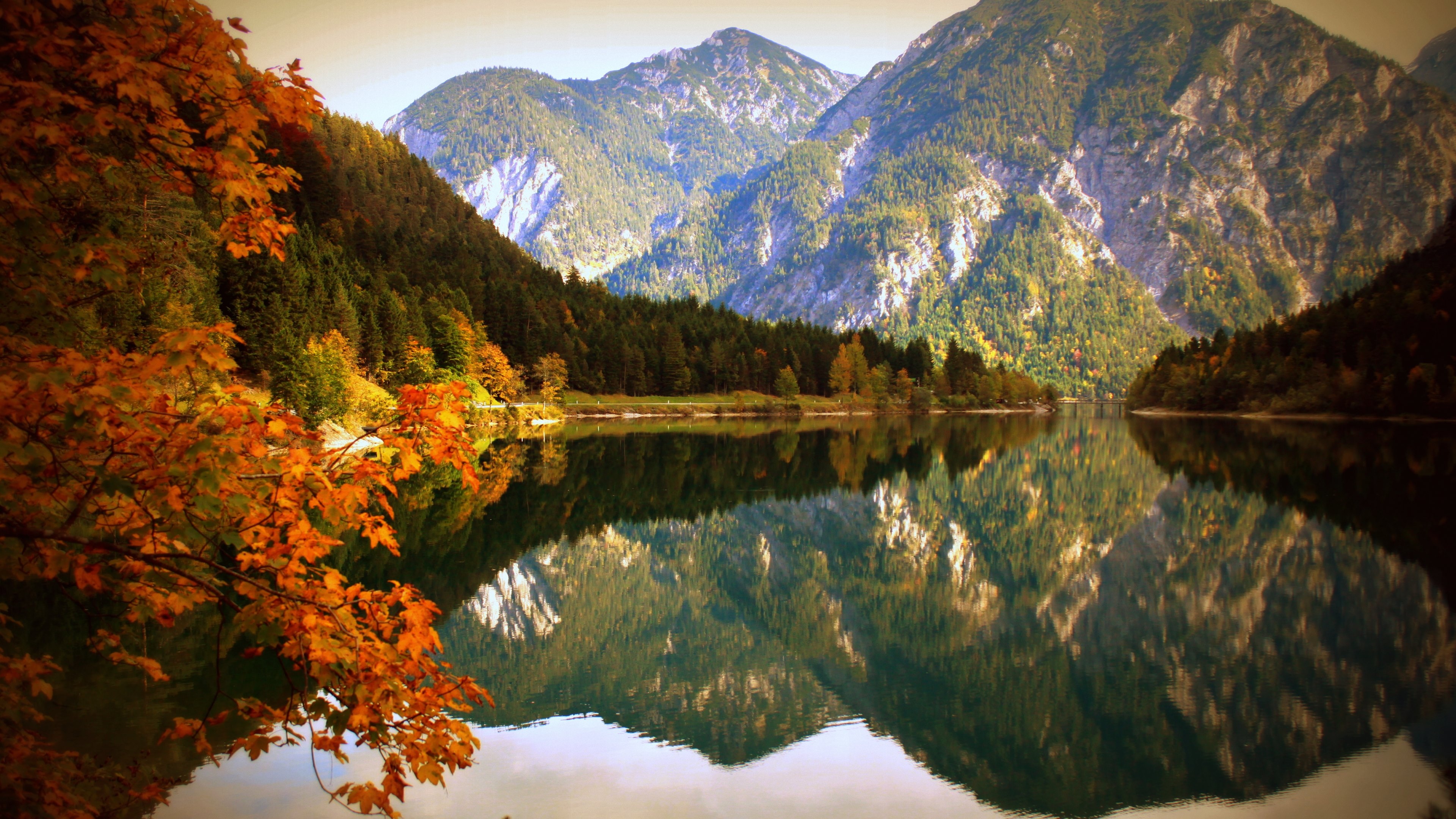 Lakeside foliage, Mountain majesty, Moss-covered rocks, Dappled sunlight, Fall grandeur, 3840x2160 4K Desktop