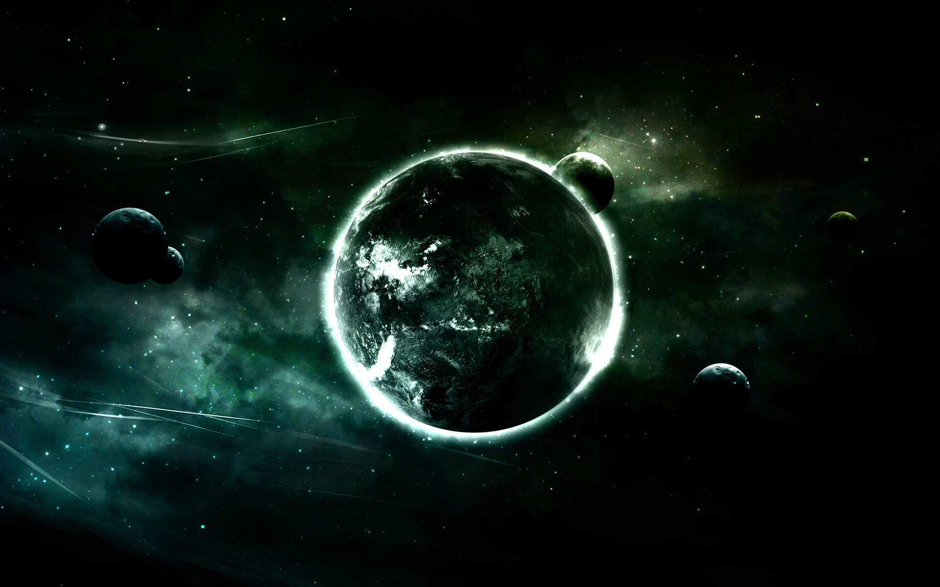 Glow in the Dark: Monochrome spectrum, Outer space Atmosphere, Astronomical objects, Surreal, Cosmos. 1920x1200 HD Background.