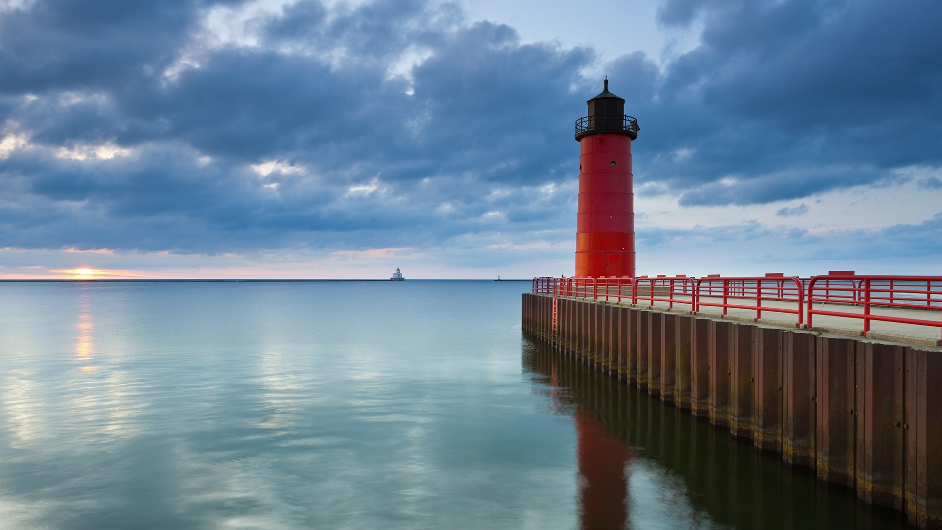 Milwaukee pierhead lighthouse, Sunrise, Wisconsin USA, Windows 10 spotlight images, 1920x1080 Full HD Desktop