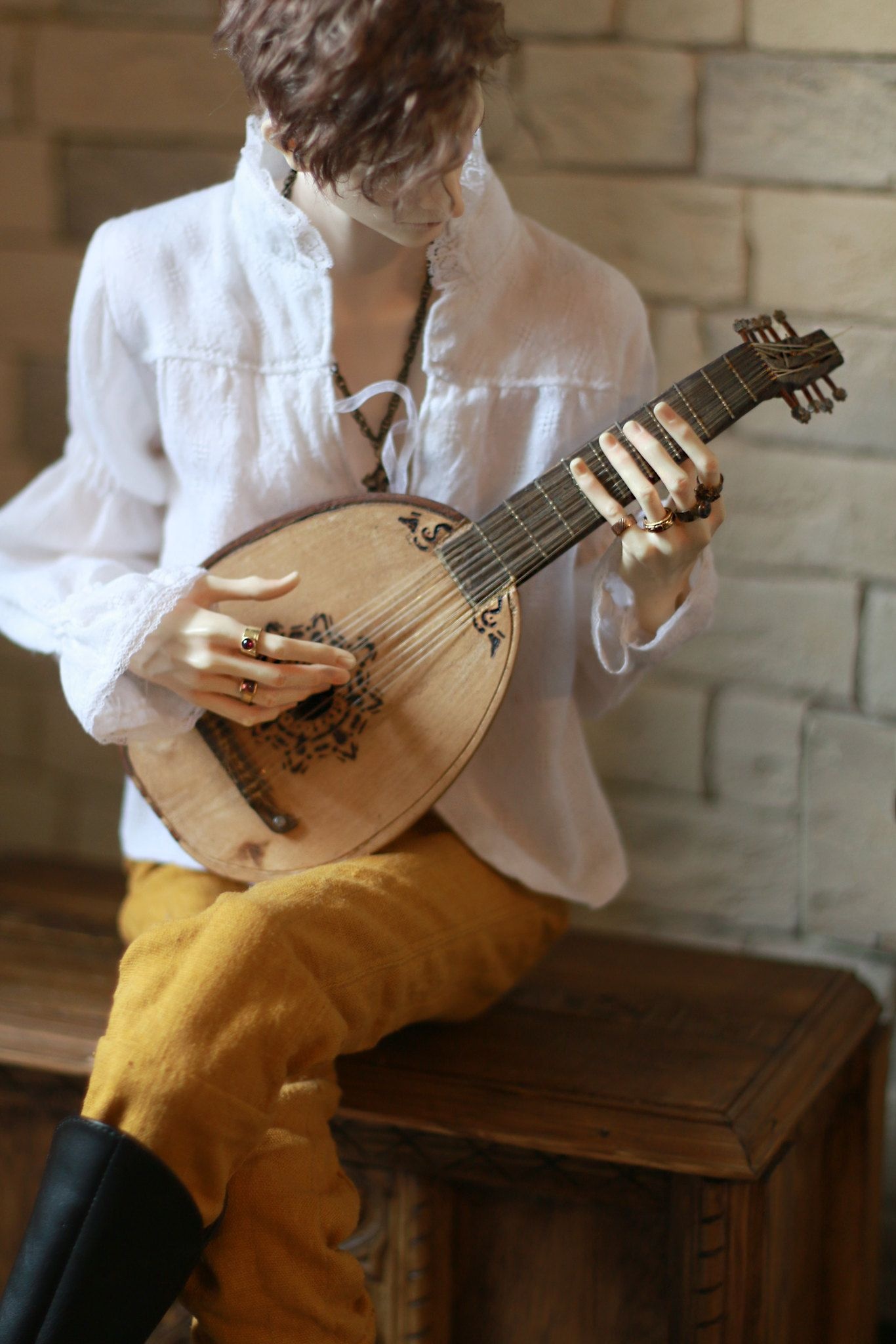 Lute: Medieval Aesthetic, Wax Figure, Young Minstrel, Stringing. 1370x2050 HD Background.