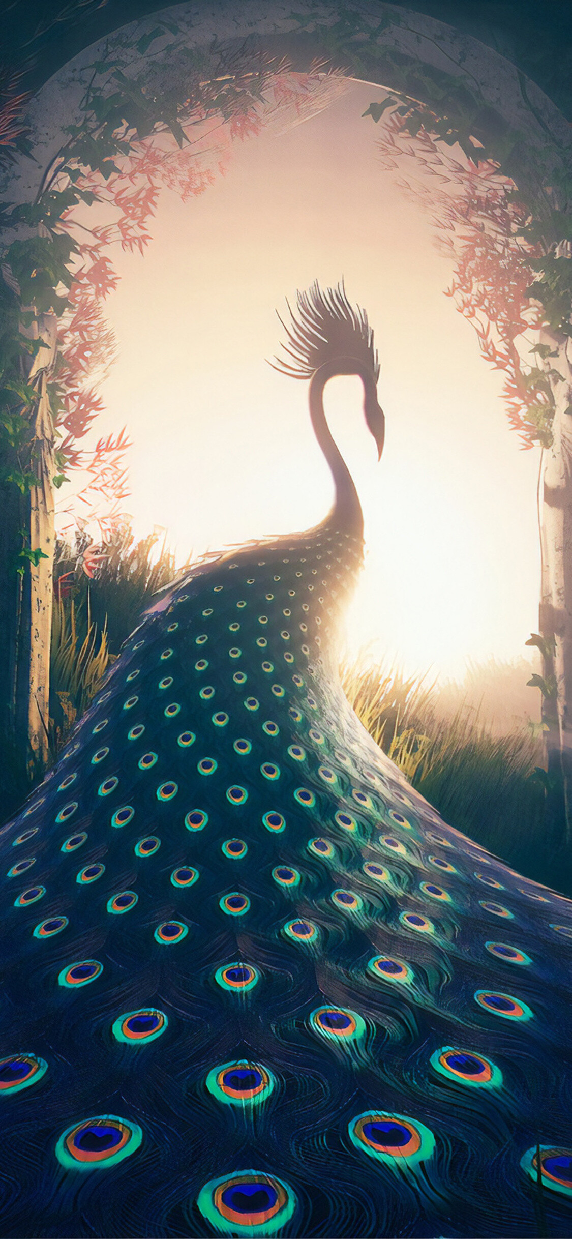 Peacock: The bird displays the divine shape of Omkara. 1130x2440 HD Background.