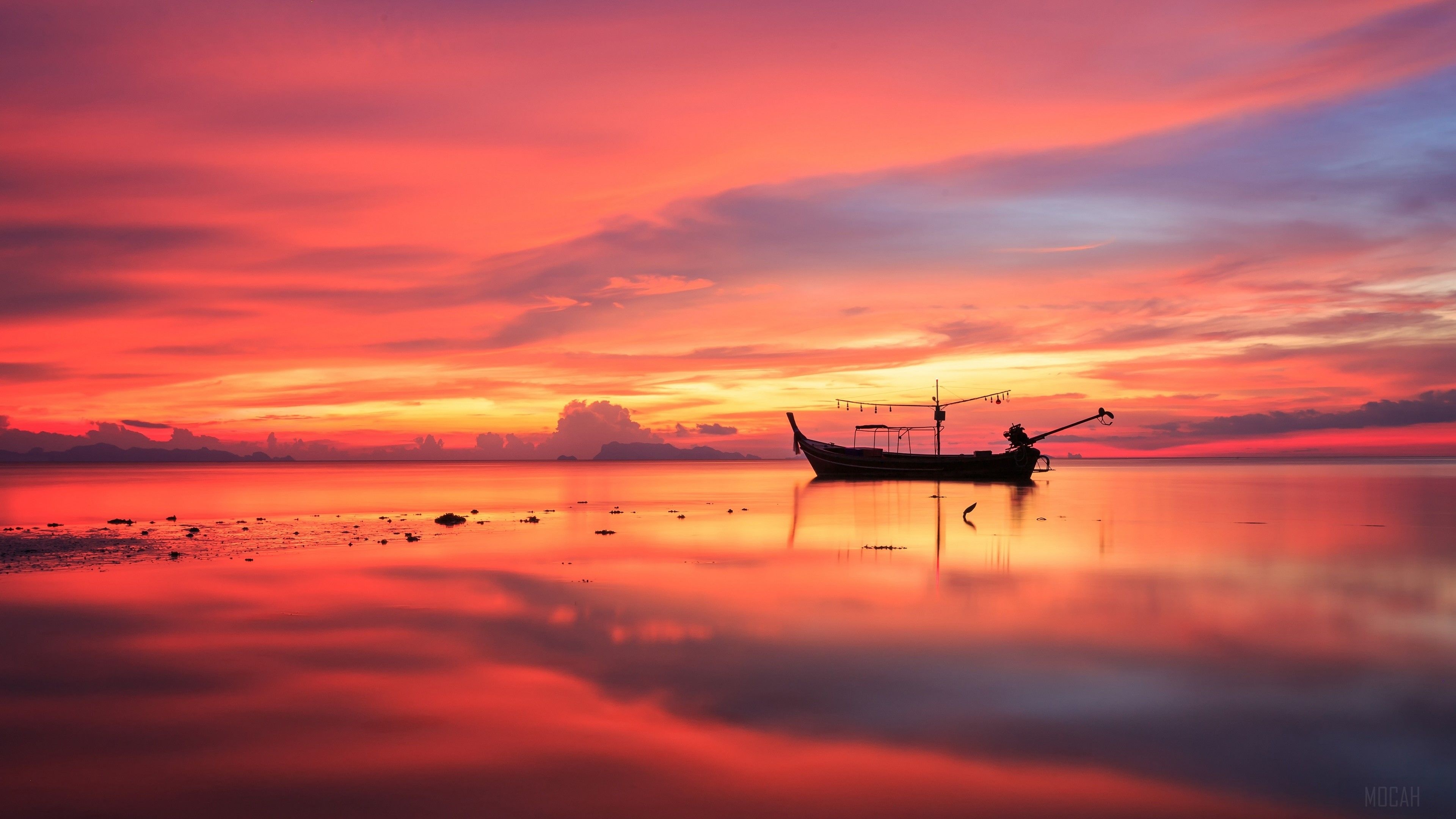 Skiff: A variety of small boats, Ocean fishing at sunset. 3840x2160 4K Background.