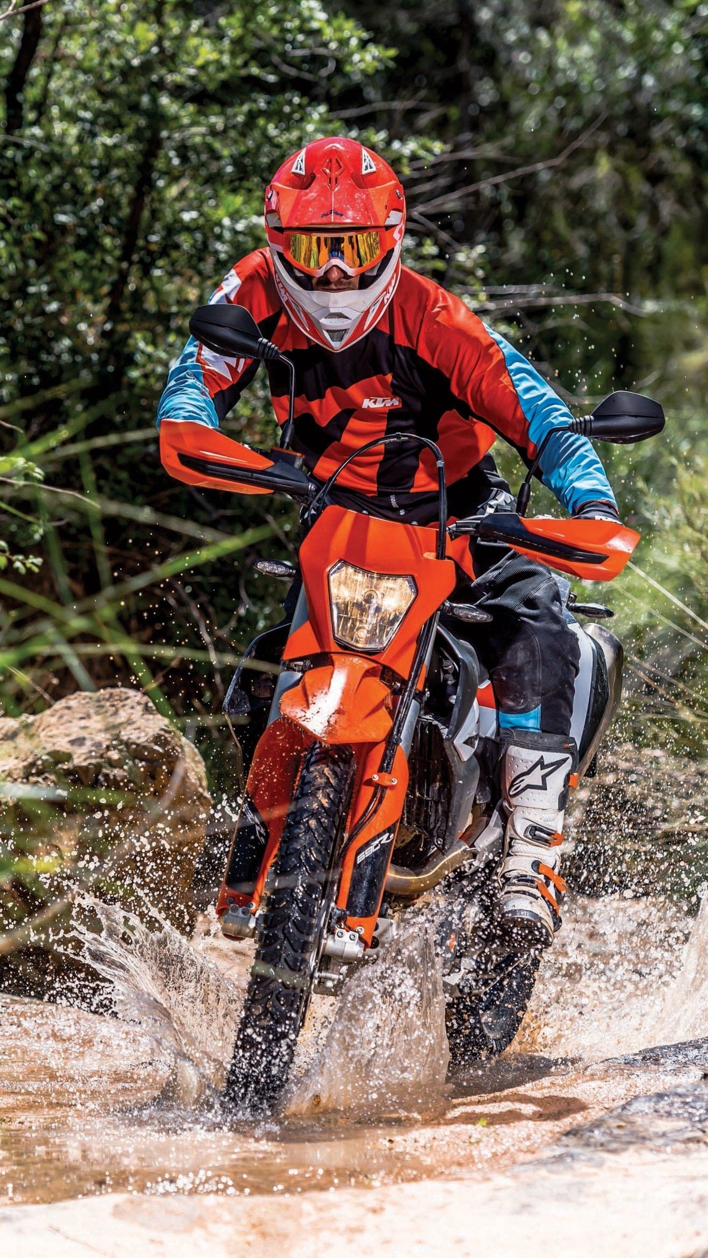 Enduro Motorbike: KTM Team, Supercross, River Obstacle, Pro Motoracer Uniform, Off-road Racing. 1440x2560 HD Background.