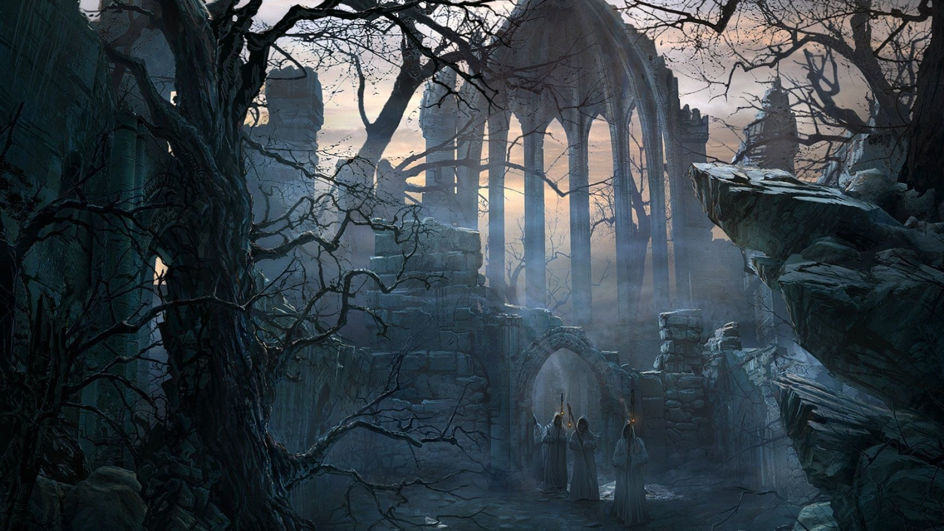 Gothic Art: Dark ruined temple, Monks, Abandoned place, Fantasy architecture. 1920x1080 Full HD Wallpaper.